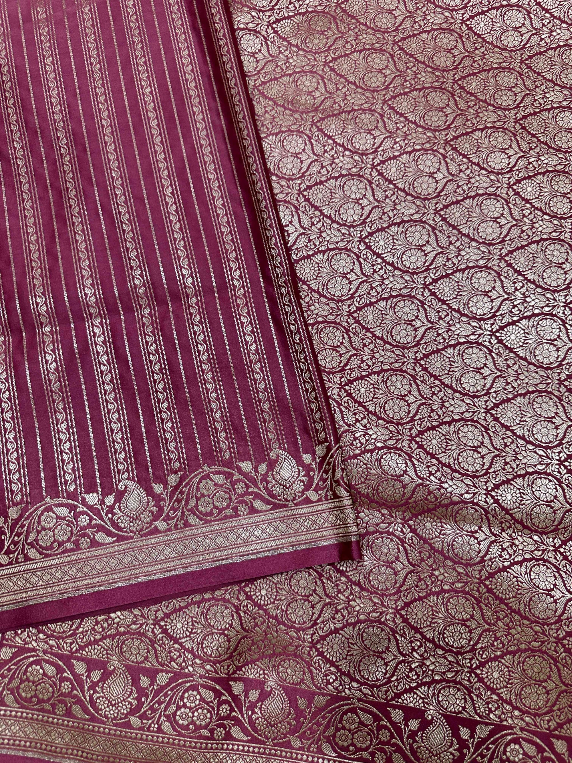 Wine Mashru Silk Vertical Stripe Design Zari Border Brocade Aanchal Saree