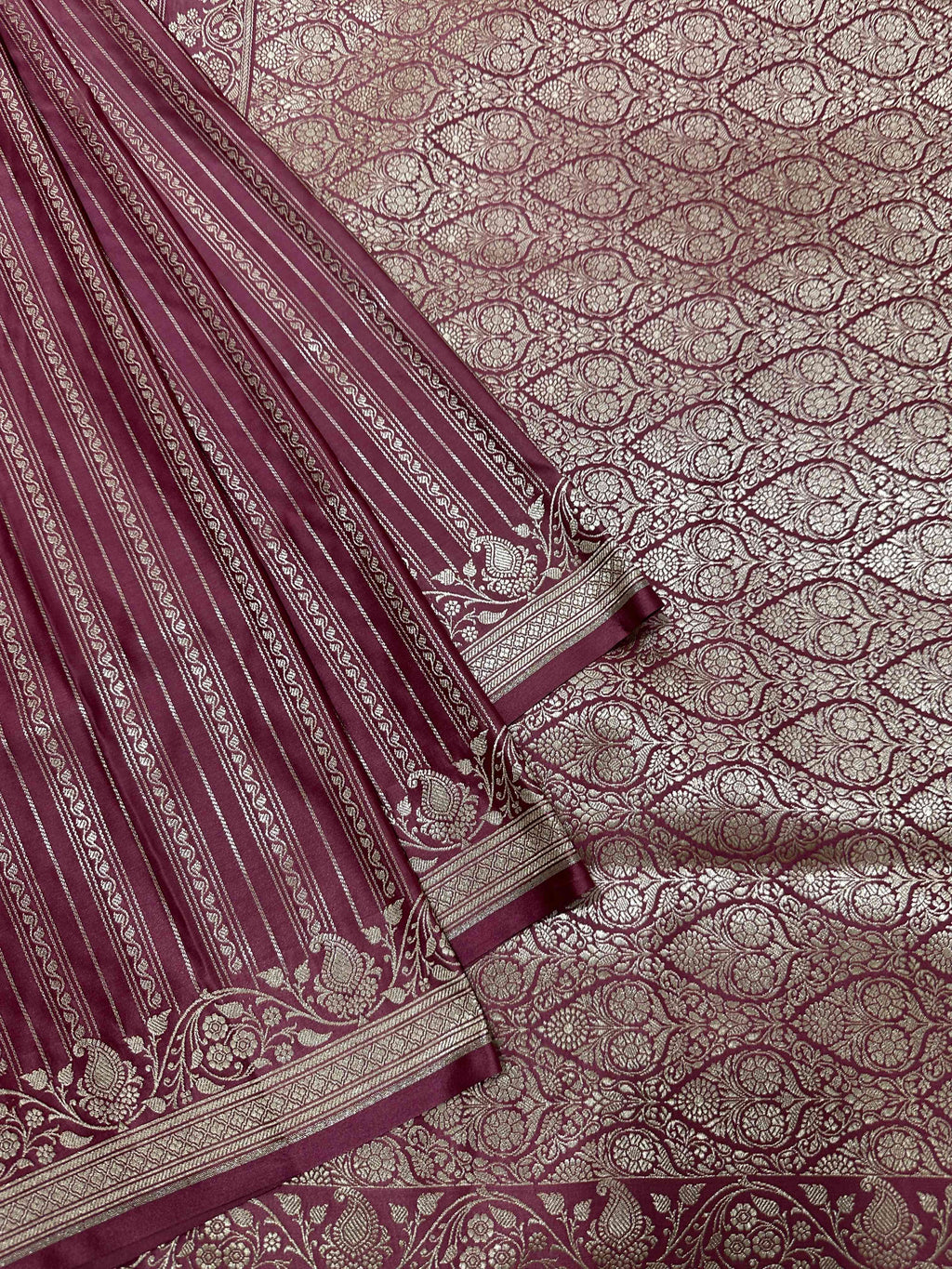 Wine Mashru Silk Vertical Stripe Design Zari Border Brocade Aanchal Saree
