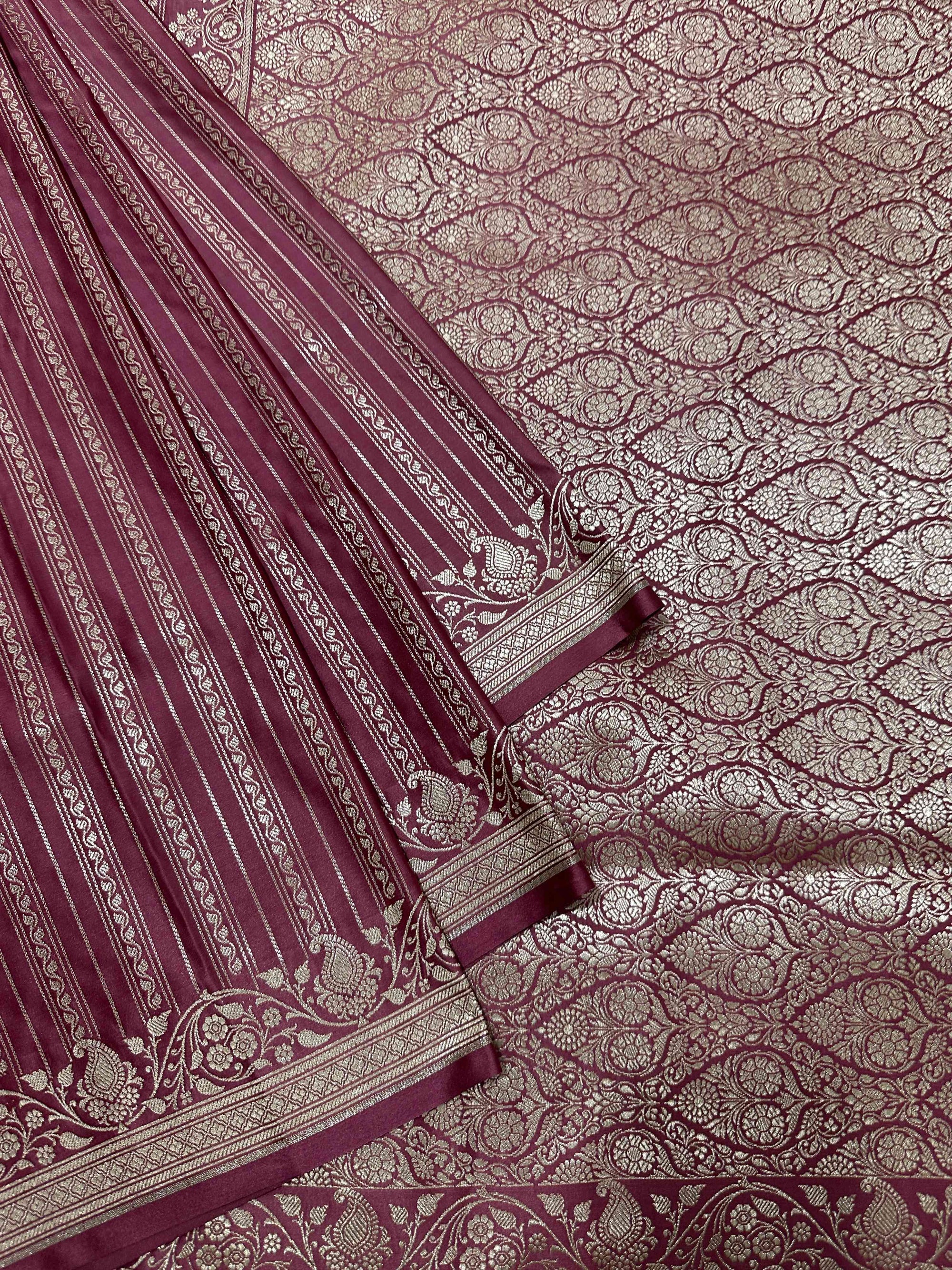 Wine Mashru Silk Vertical Stripe Design Zari Border Brocade Aanchal Saree