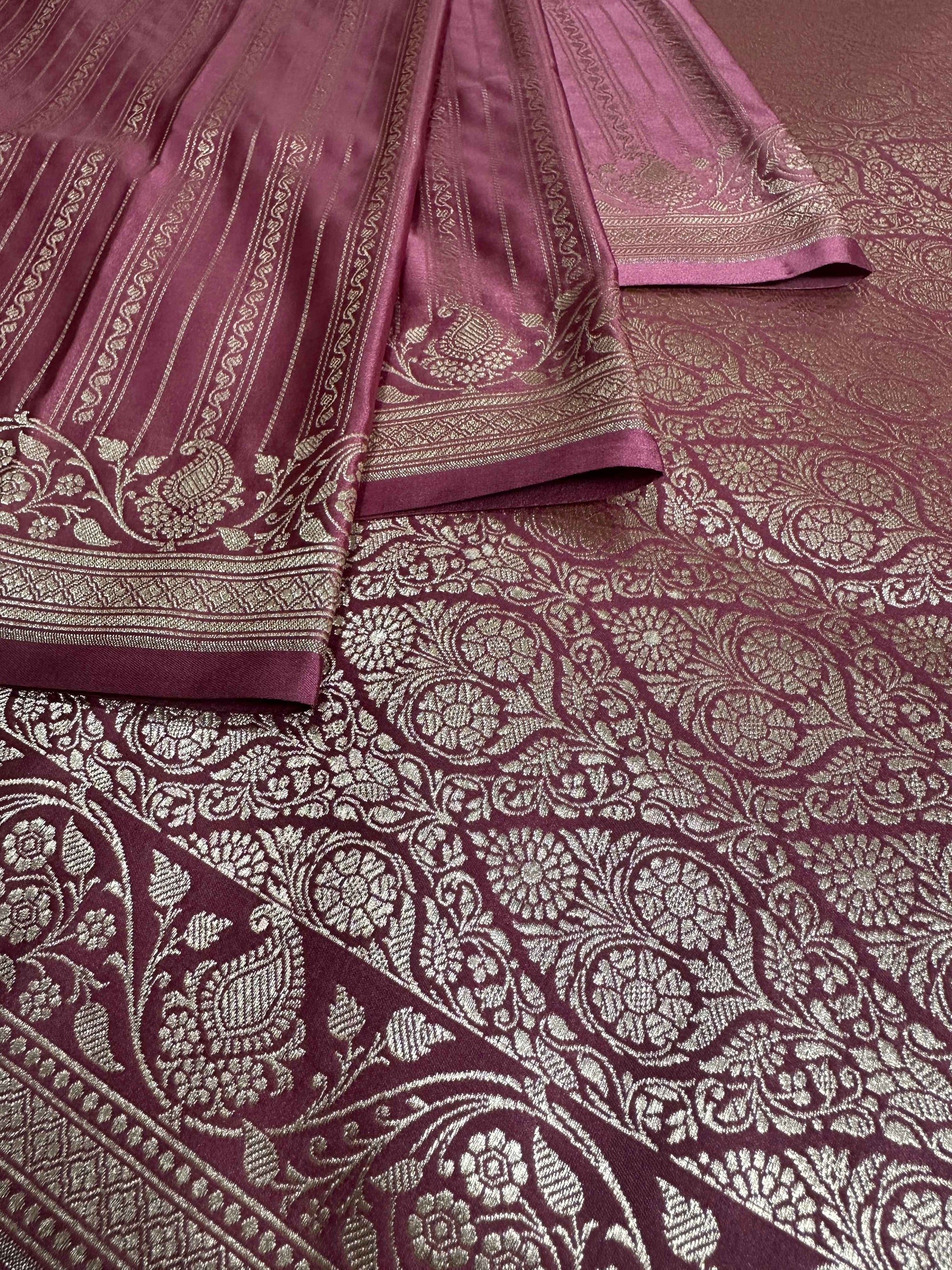 Wine Mashru Silk Vertical Stripe Design Zari Border Brocade Aanchal Saree