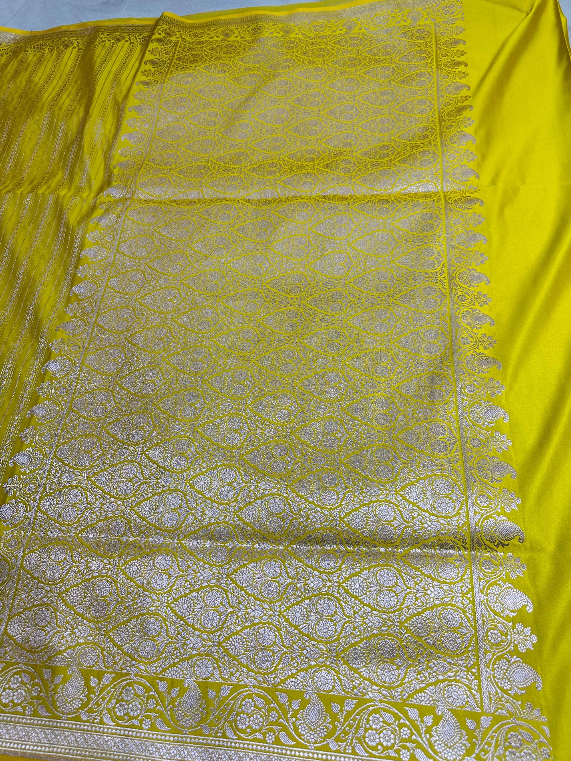 Lemon Mashru Silk Vertical Stripe Design Zari Border Brocade Aanchal Saree