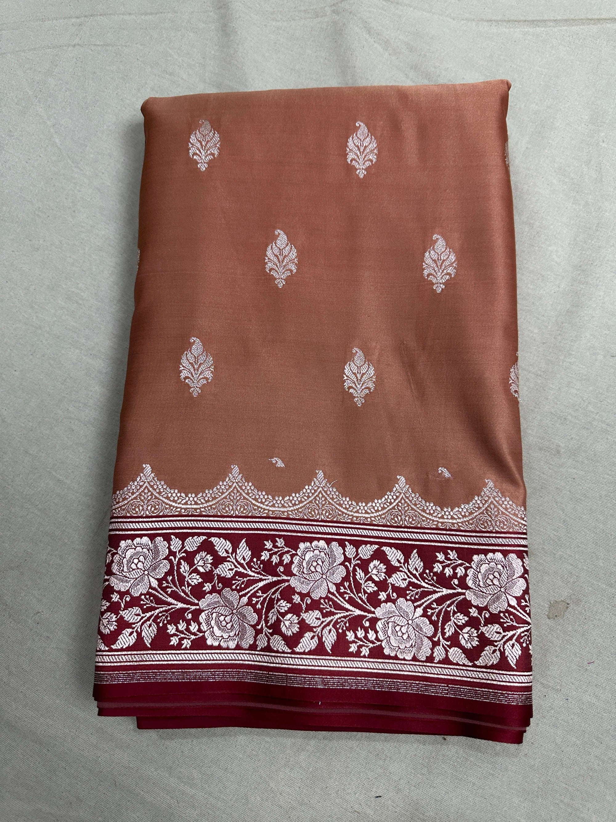 Brown & Maroon Contrast Mashru Silk Banarasi Zari Border Brocade Aanchal Saree