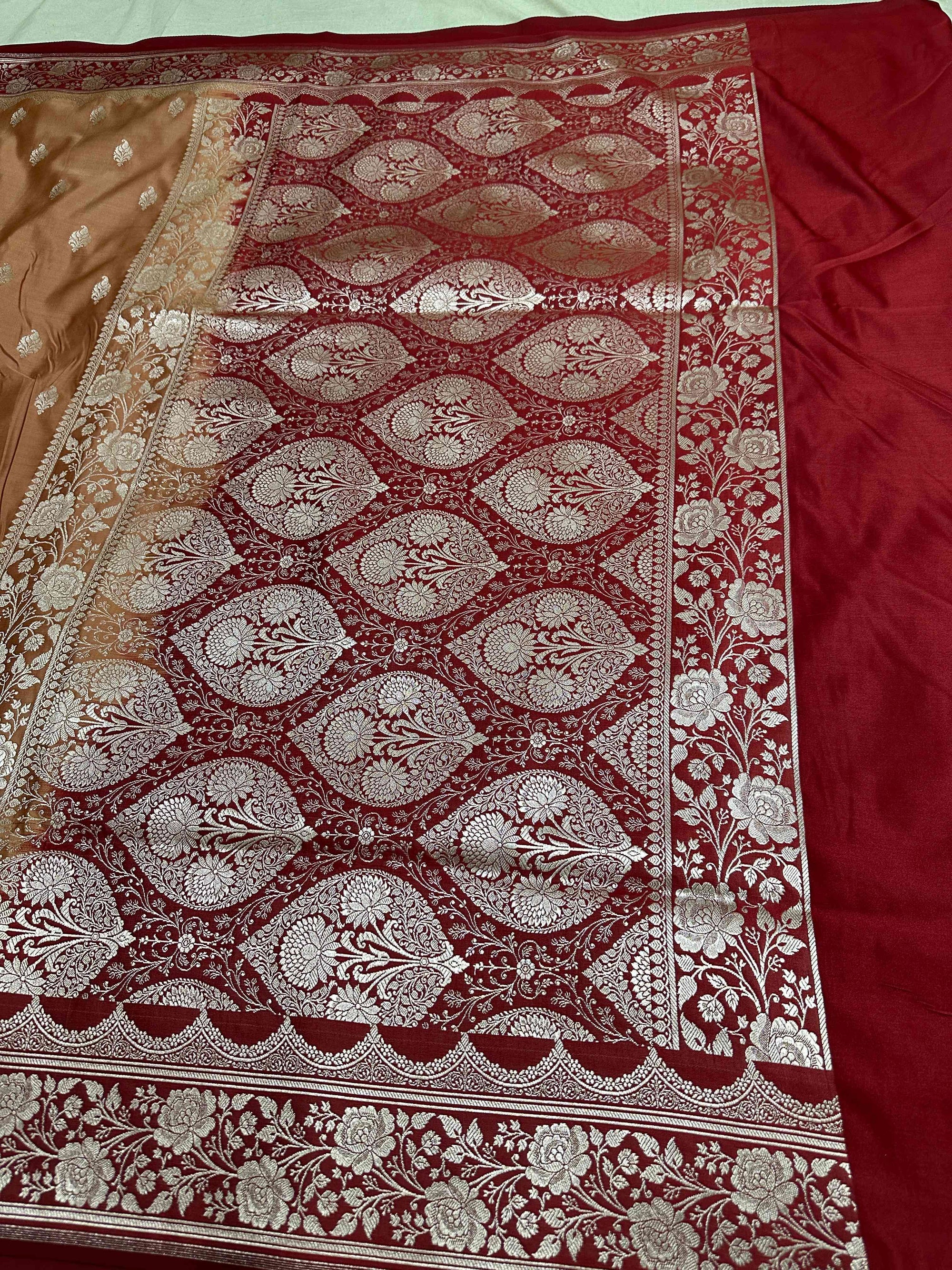 Brown & Maroon Contrast Mashru Silk Banarasi Zari Border Brocade Aanchal Saree