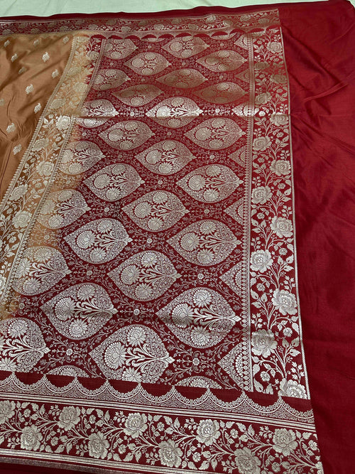 Brown & Maroon Contrast Mashru Silk Banarasi Zari Border Brocade Aanchal Saree