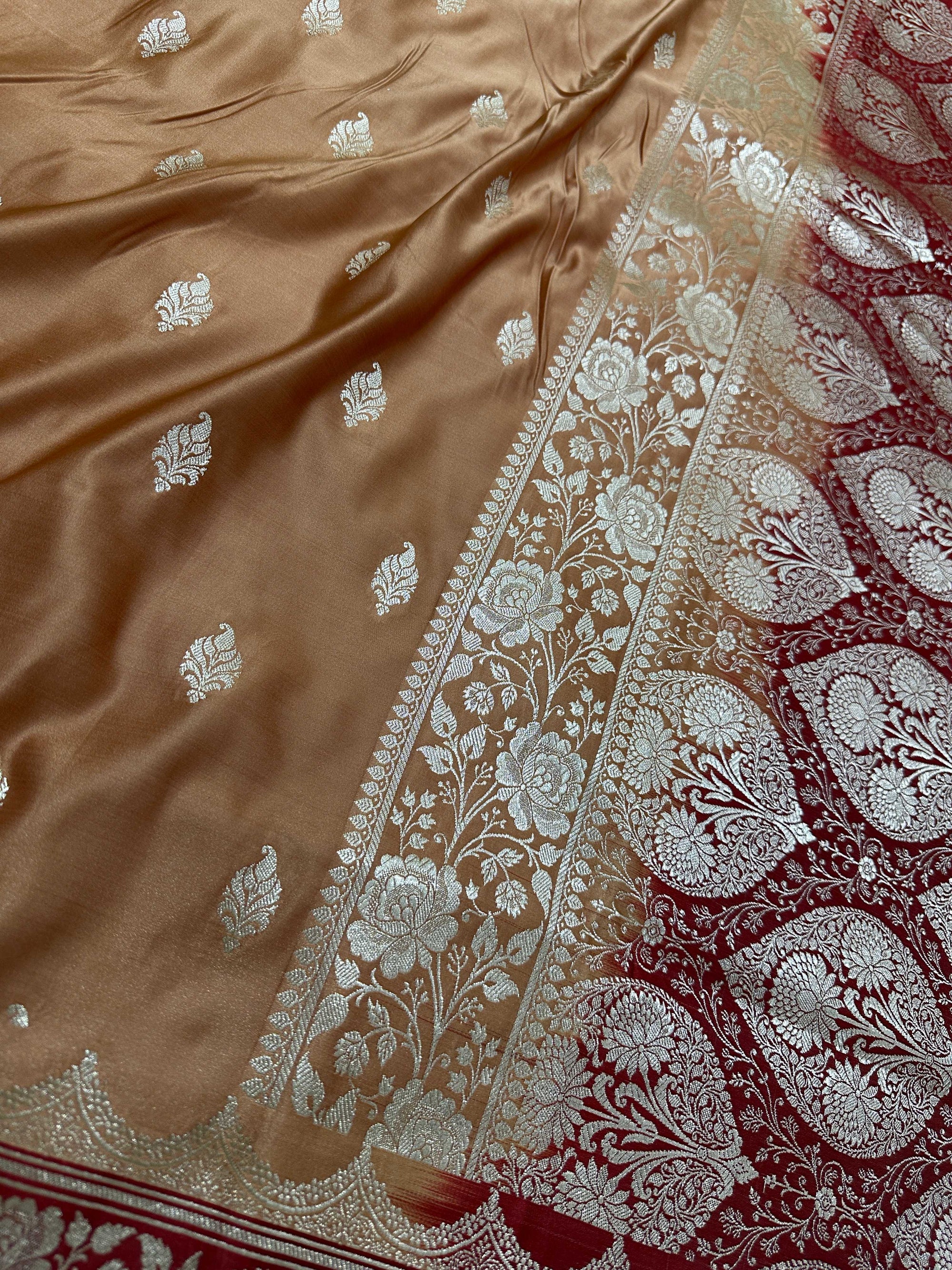 Brown & Maroon Contrast Mashru Silk Banarasi Zari Border Brocade Aanchal Saree