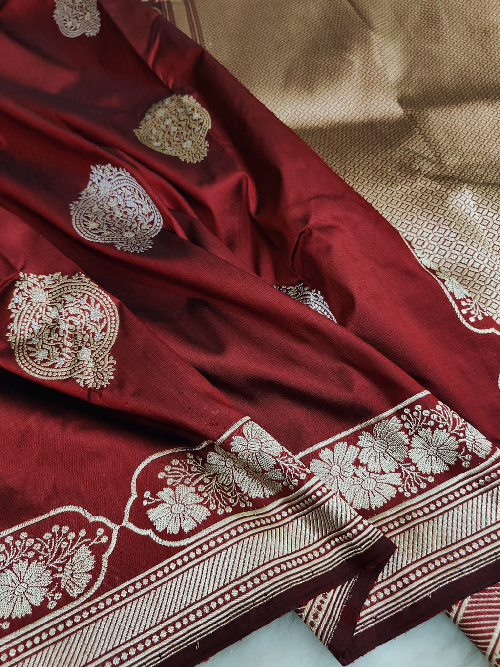 Handloom Banarasi Kadhwa Buta Saree | Pure Katan Silk | Sona Rupa Zari | Maroon