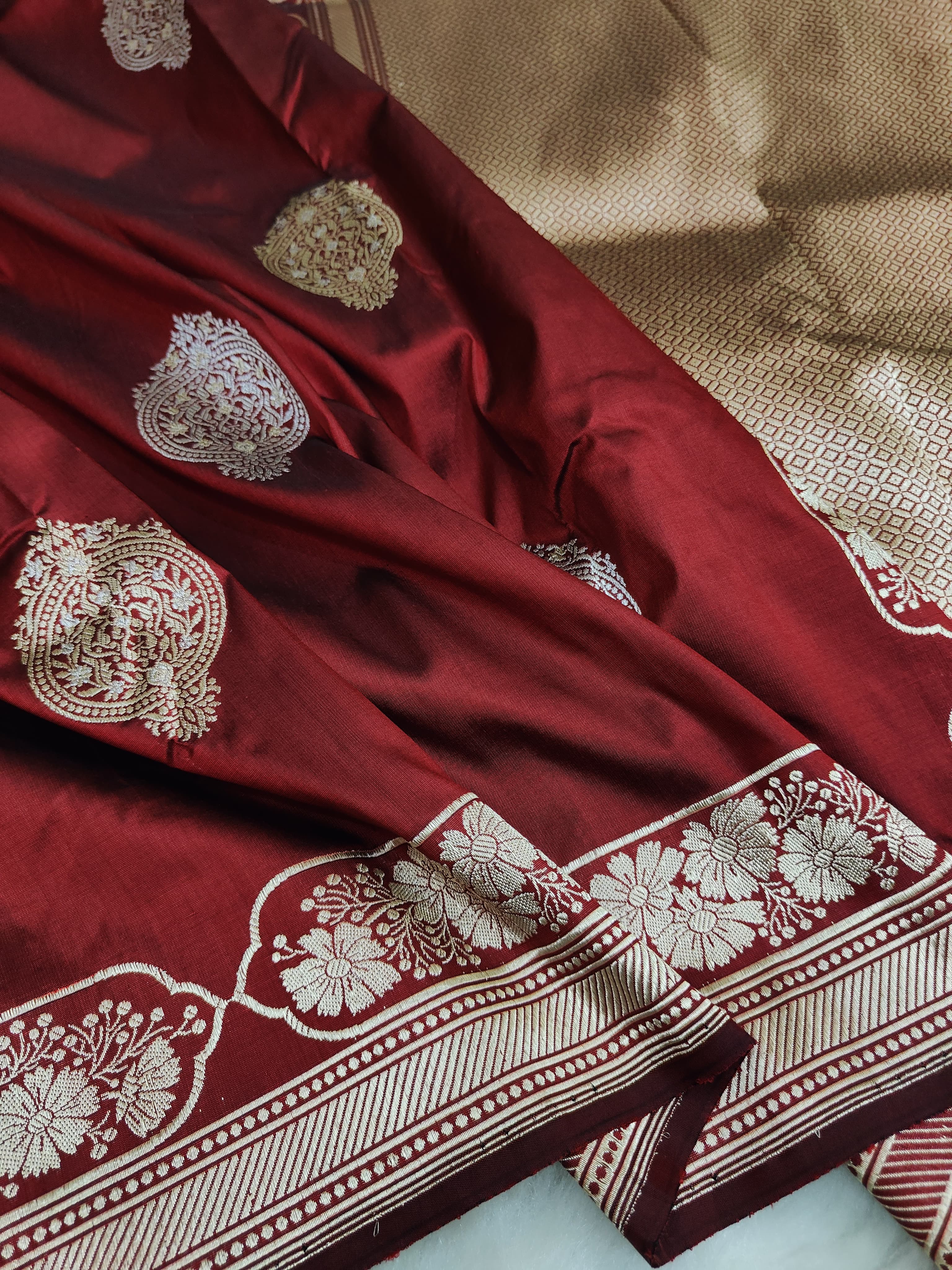 Handloom Banarasi Kadhwa Buta Saree | Pure Katan Silk | Sona Rupa Zari | Maroon