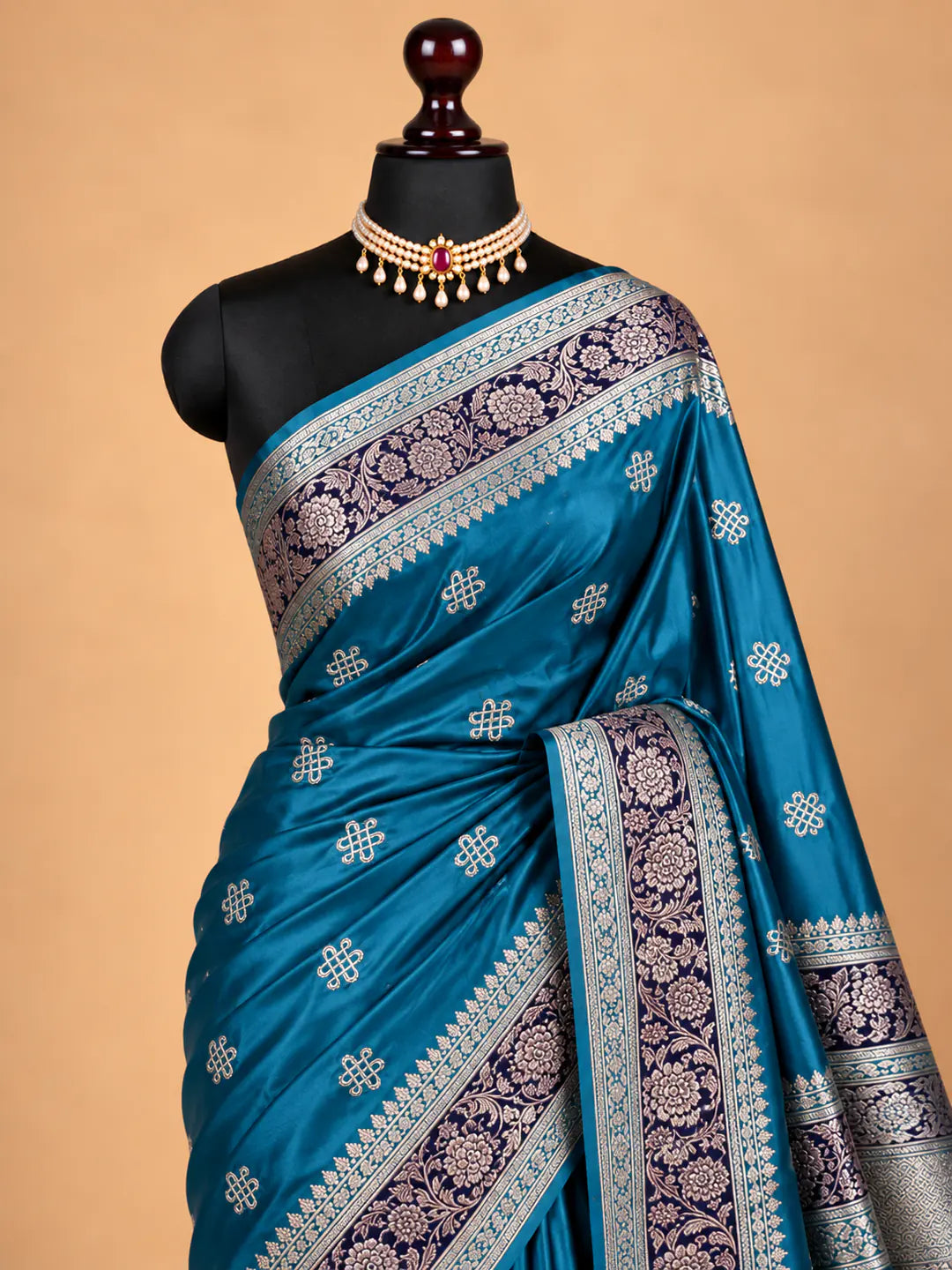Dusty blue Mashru silk Banarasi saree with floral booti motifs and purple-toned floral border - Katan Banaras