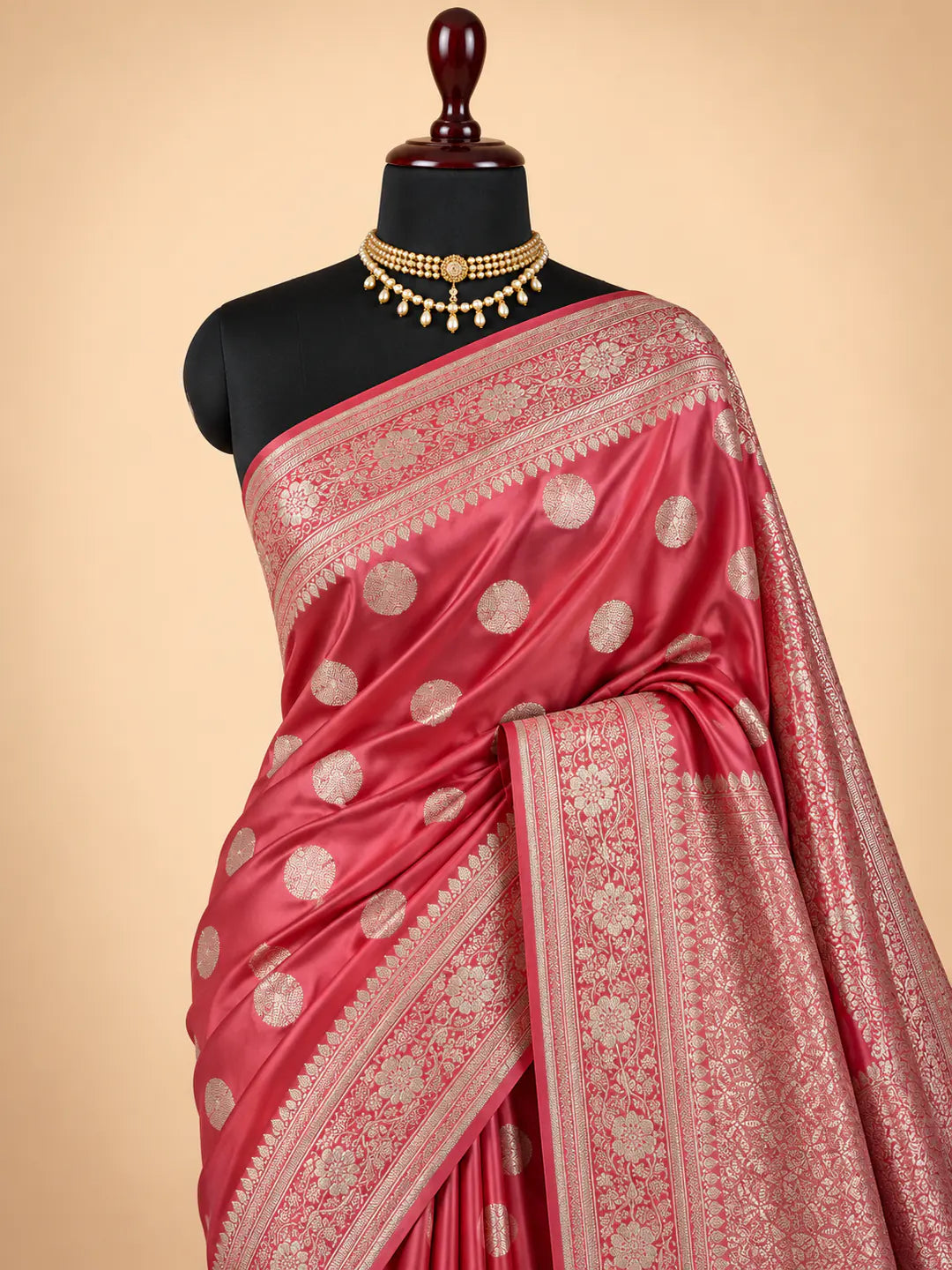 Peach Mashru silk saree with polka booti circular motifs and floral vine border - Katan Banaras