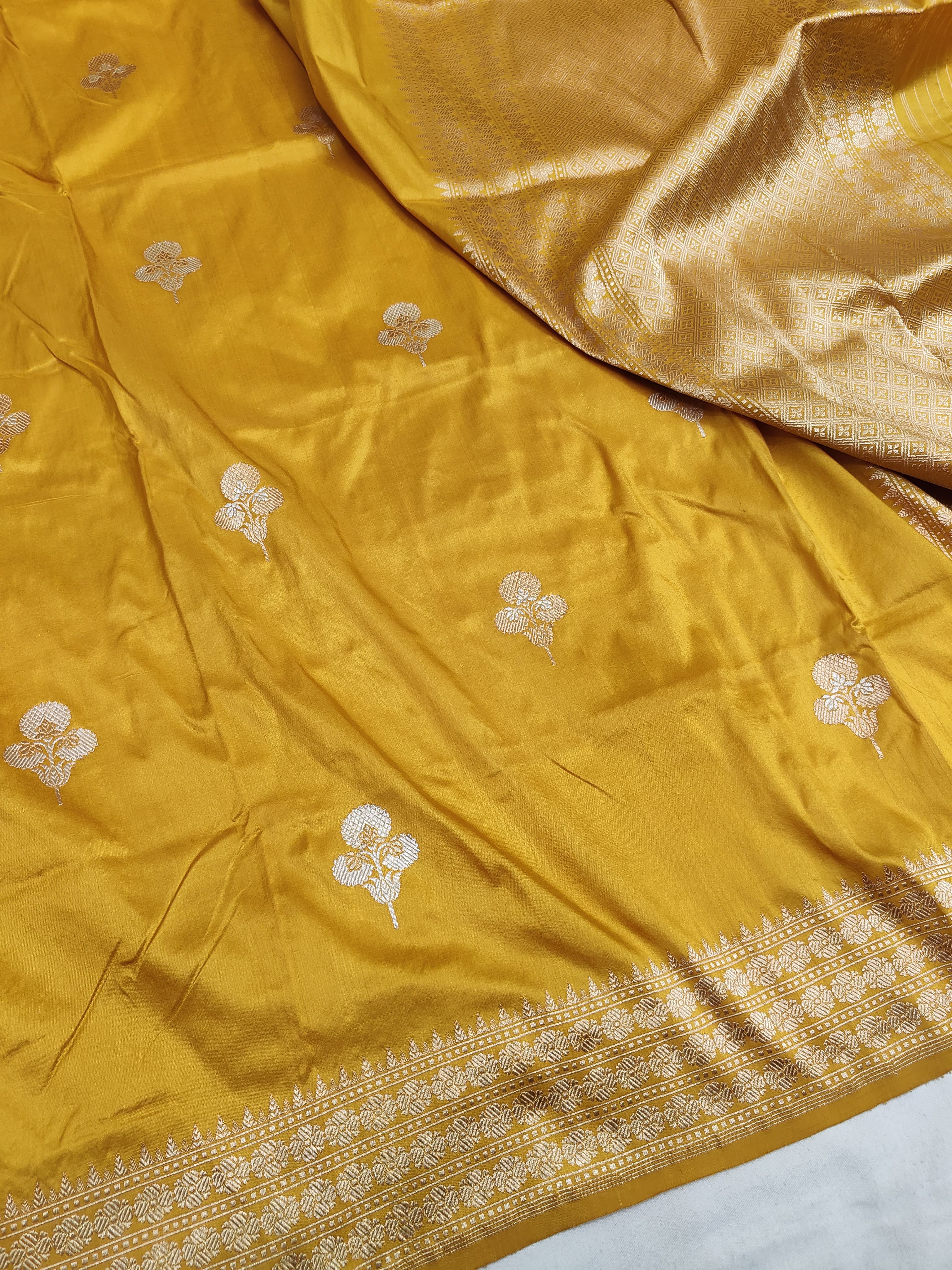 Pure Katan Silk Kadhwa Buta Banarasi Saree – Mustard Yellow | Gold Zari