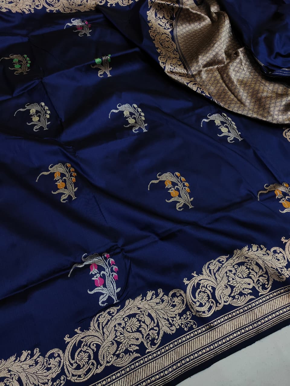 Pure Katan Silk Kadhwa Buta Banarasi Saree – Royal Blue | Sona Rupa Zari & Tilfi Minakari