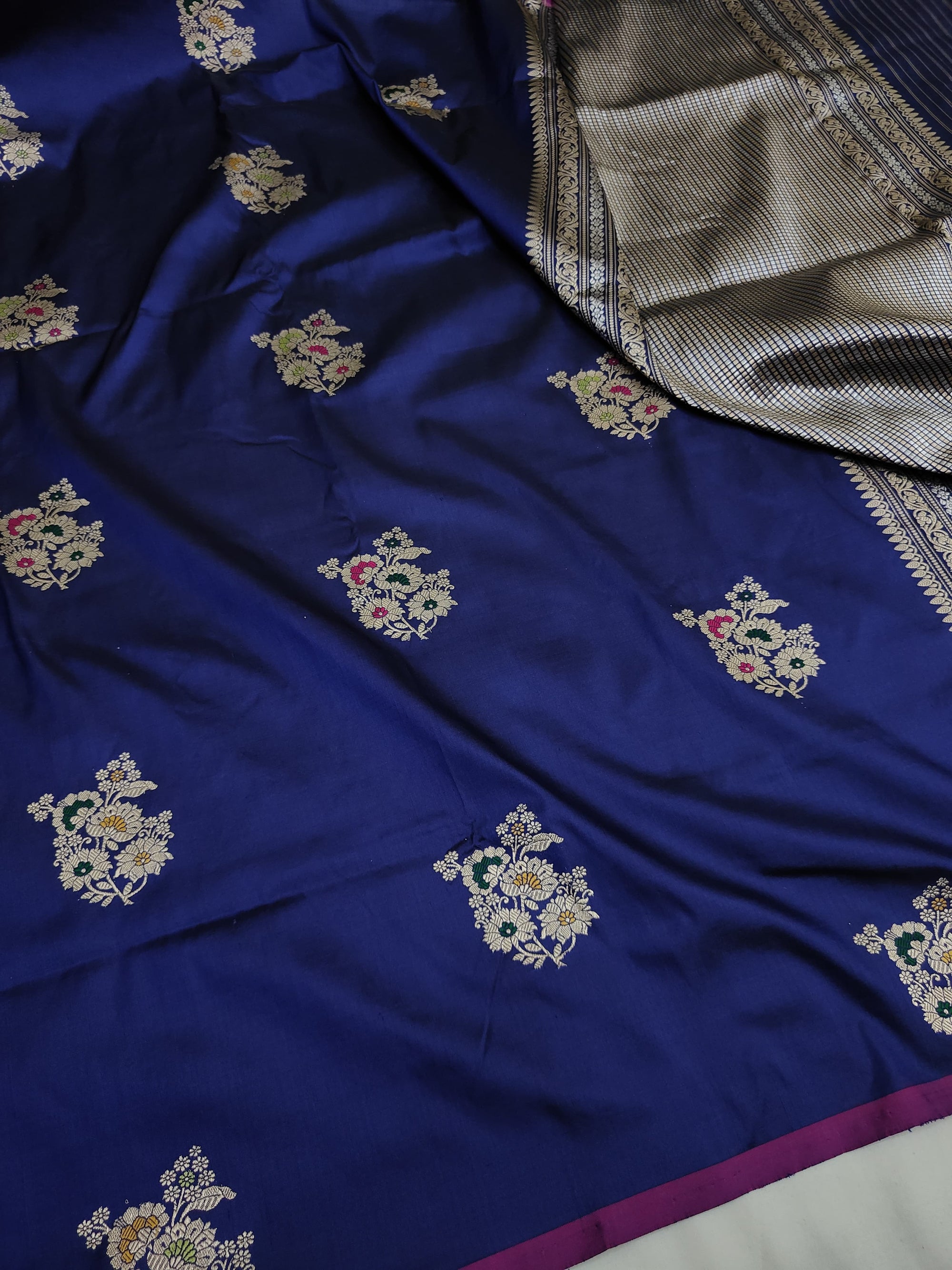 Pure Katan Silk Kadhwa Buta Banarasi Saree – Navy Blue | Sona Rupa Zari & Tilfi Minakari