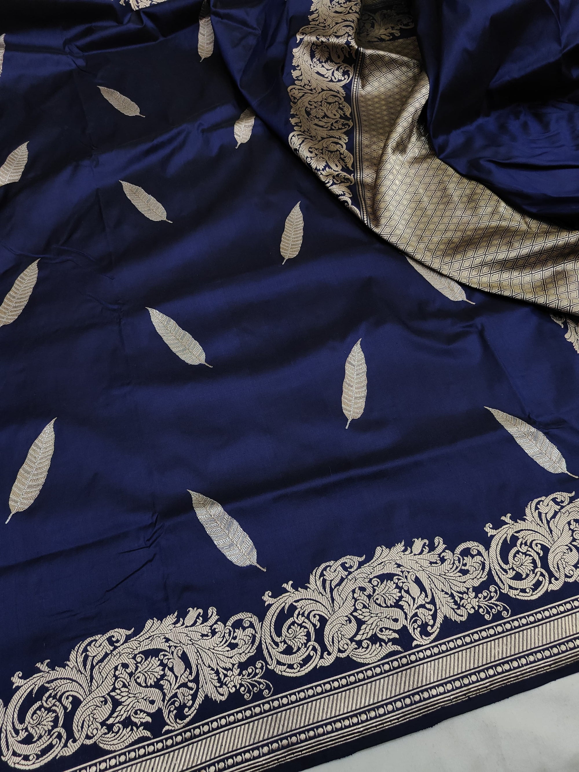 Navy Blue Pure Katan Silk Kadhwa Buta Banarasi Saree  | Gold Zari