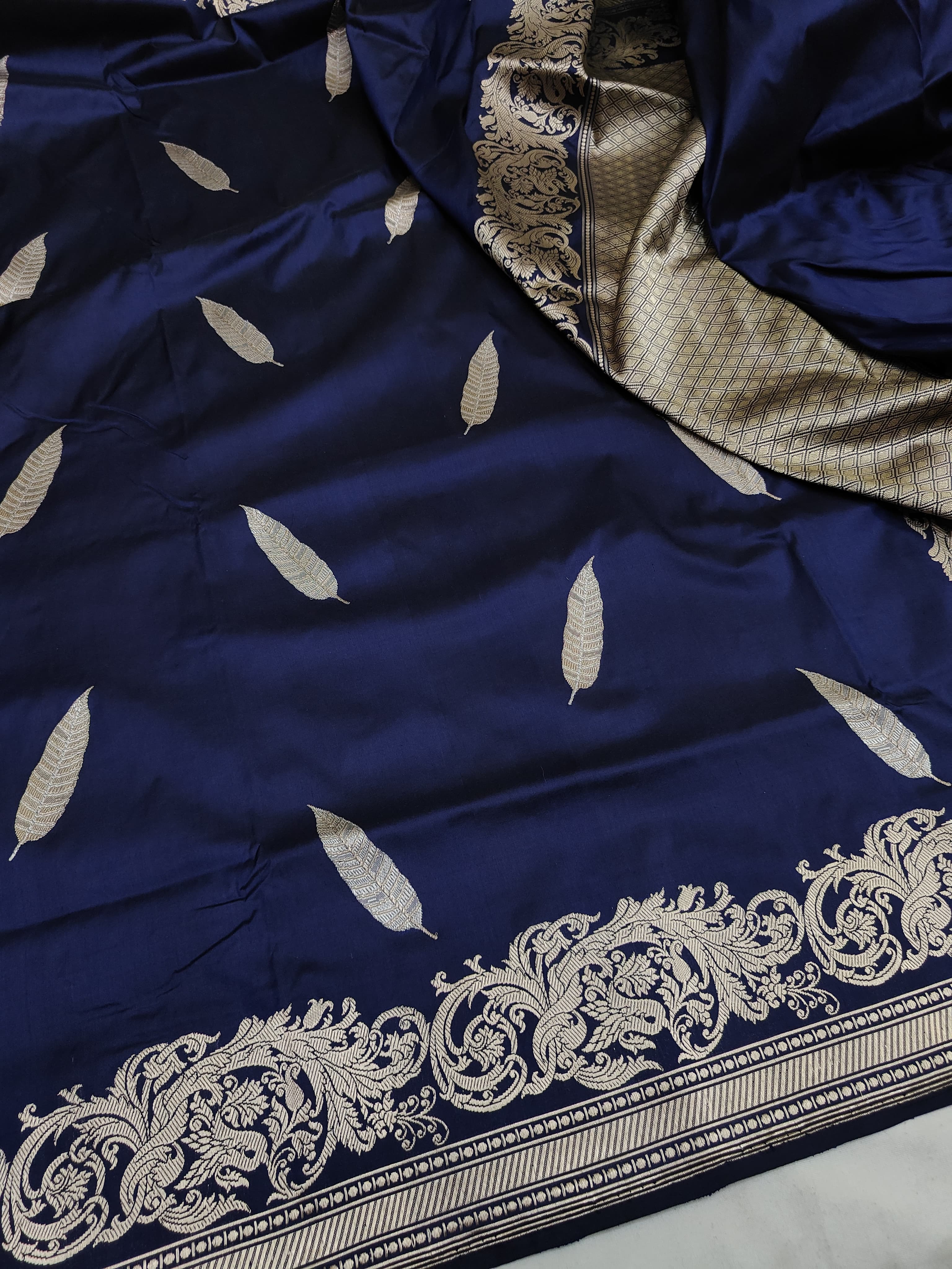 Navy Blue Pure Katan Silk Kadhwa Buta Banarasi Saree  | Gold Zari