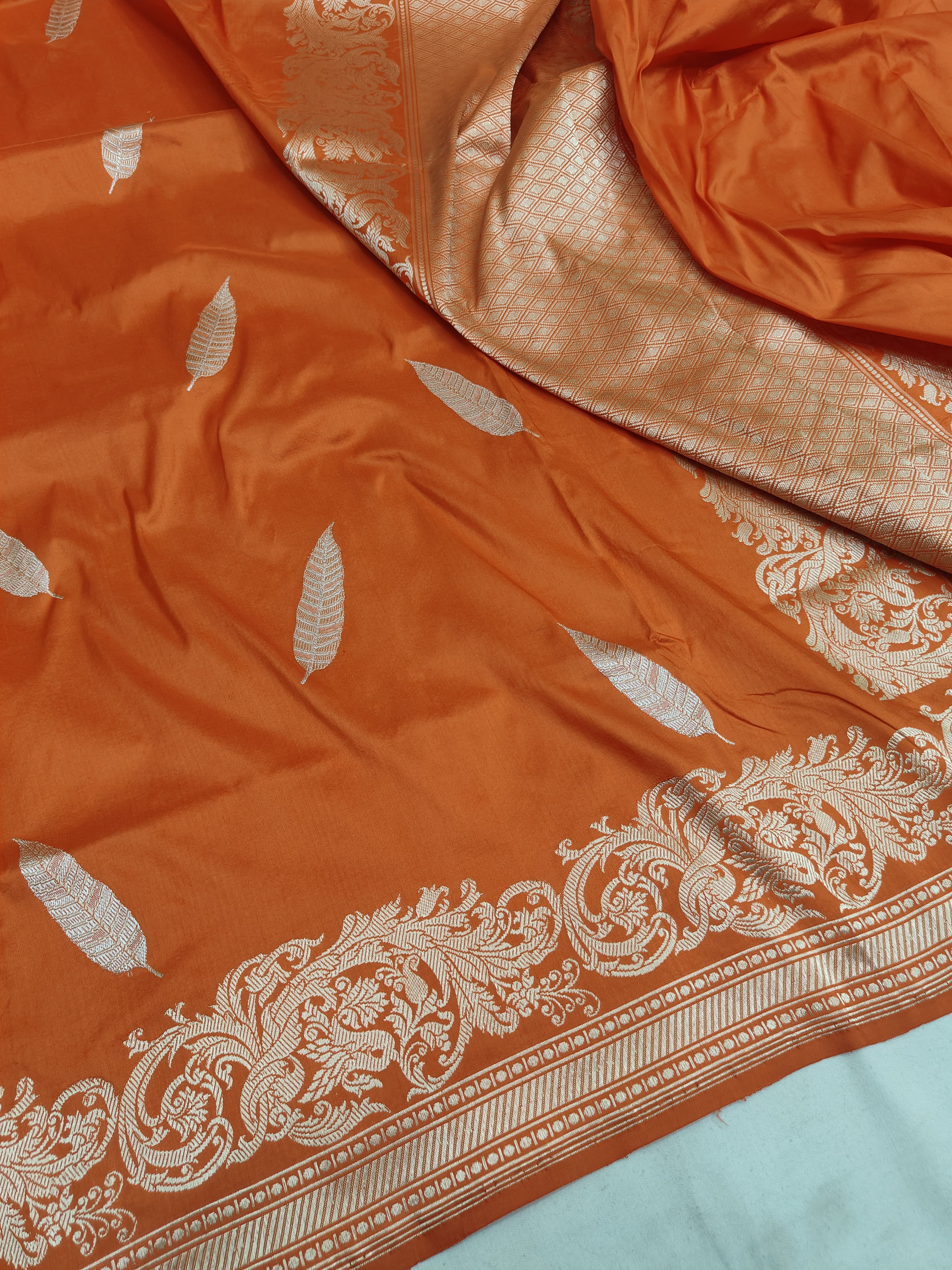Pure Katan Silk Kadhwa Buta Banarasi Saree – Orange | Gold Zari