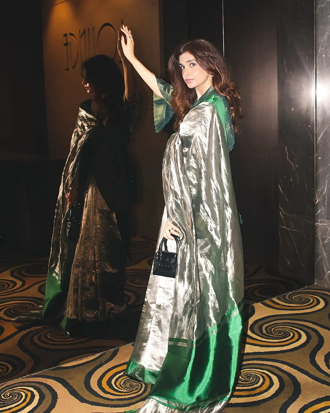 Pure Tissue Silk Banarasi Saree with Silver Zari & Emerald Green Border | Handwoven Luxury Saree