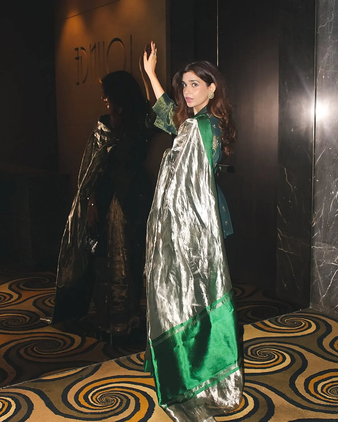 Pure Tissue Silk Banarasi Saree with Silver Zari & Emerald Green Border | Handwoven Luxury Saree