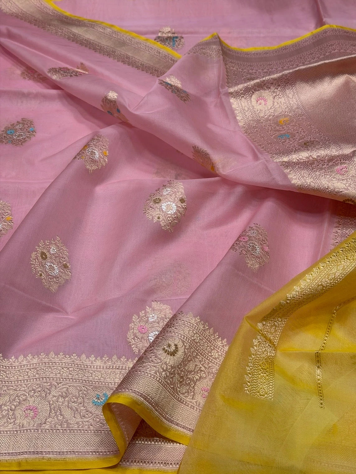 Pure Kora Silk Banarasi Saree | Baby Pink Kadhwa Buta | Tilfi Meenakari Border | KATAN BANARAS
