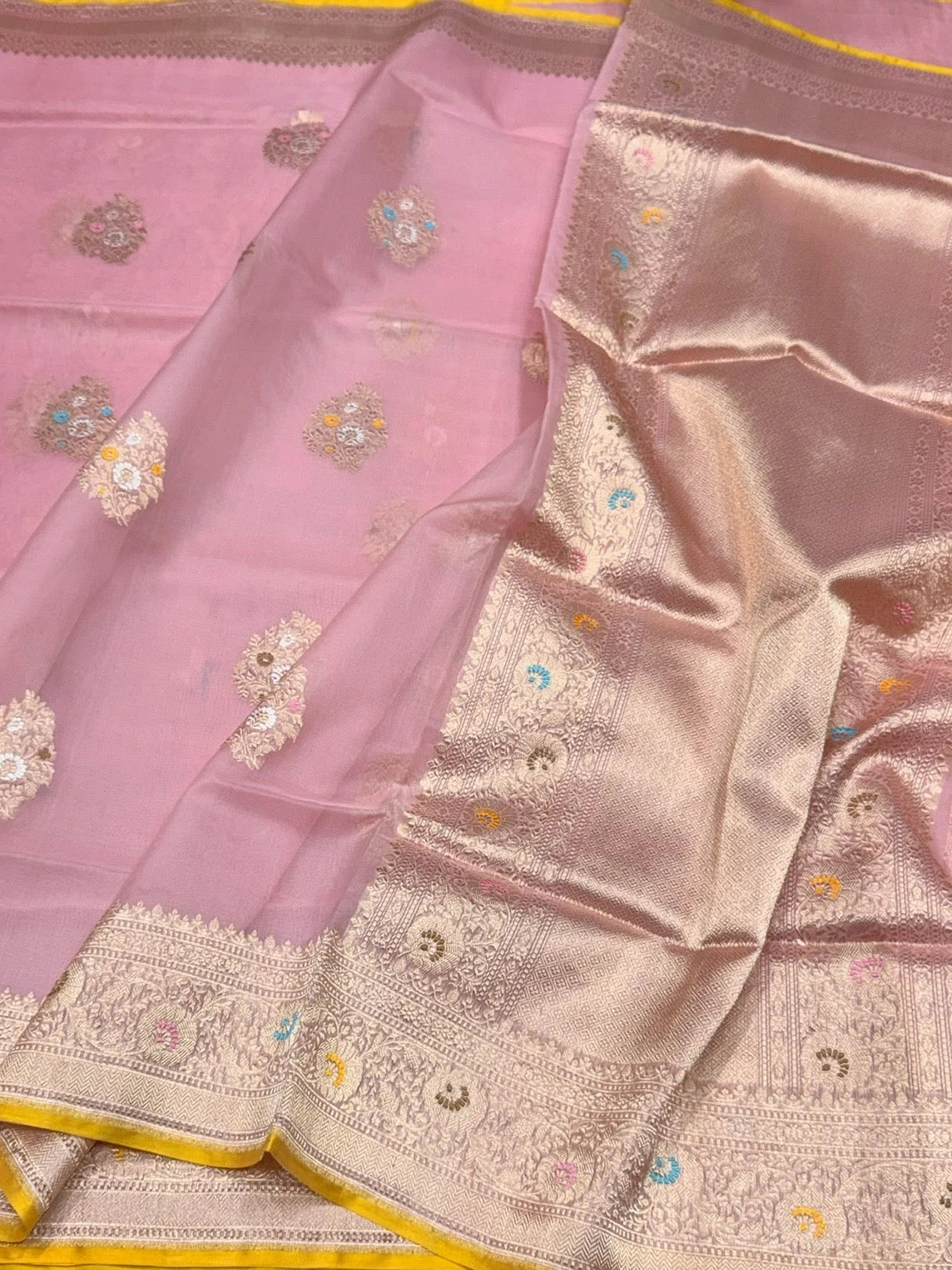 Pure Kora Silk Banarasi Saree | Baby Pink Kadhwa Buta | Tilfi Meenakari Border | KATAN BANARAS