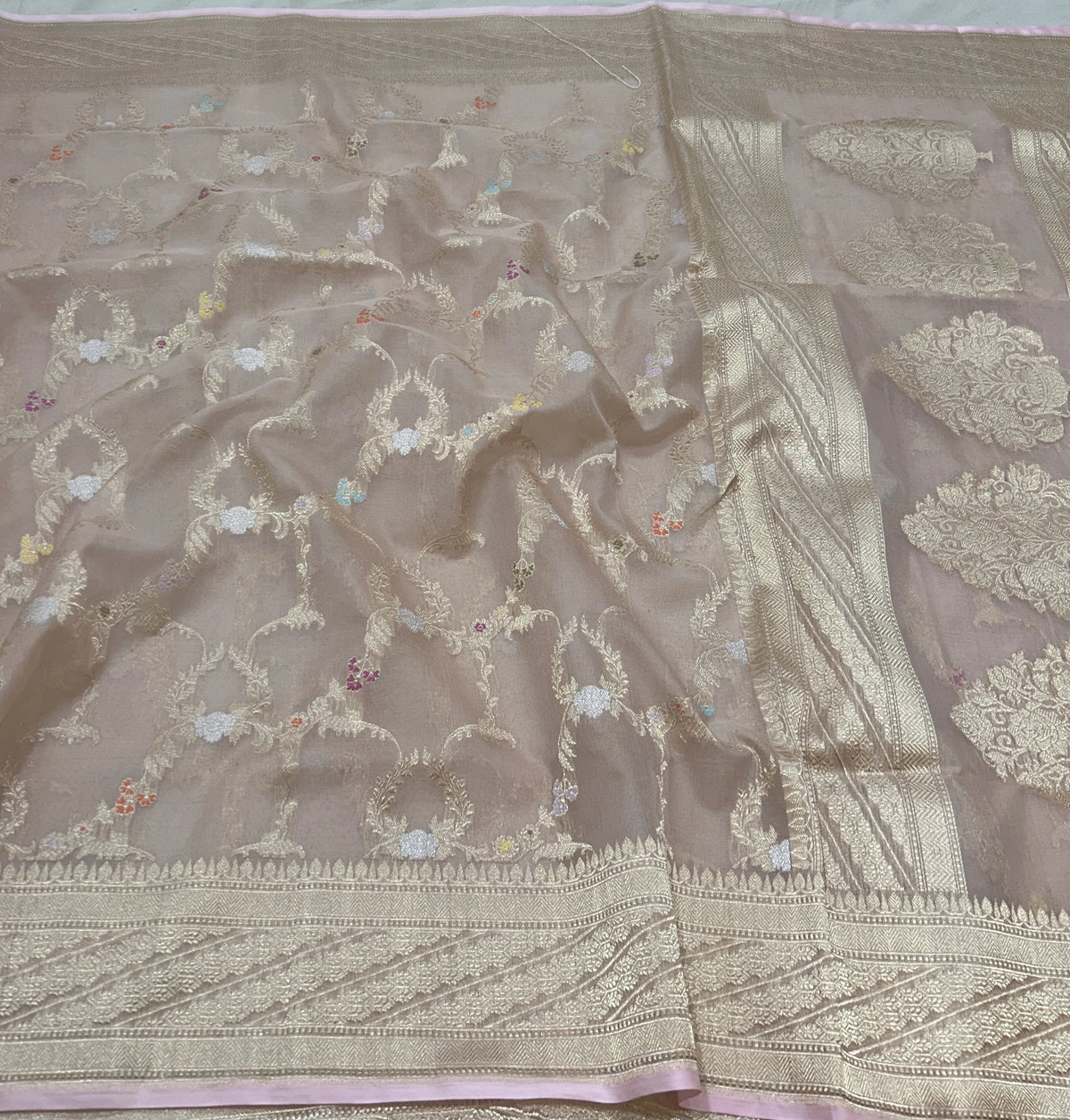 Pure Kora Silk Banarasi Saree | Blush Pink Kadhwa Mehrab Jaal | Silver Gold Zari Weave | KATAN BANARAS