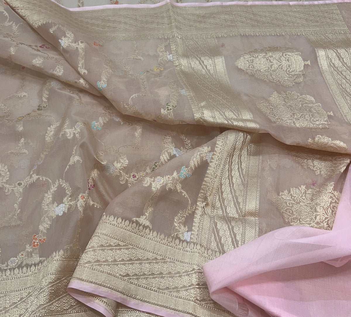 Pure Kora Silk Banarasi Saree | Blush Pink Kadhwa Mehrab Jaal | Silver Gold Zari Weave | KATAN BANARAS