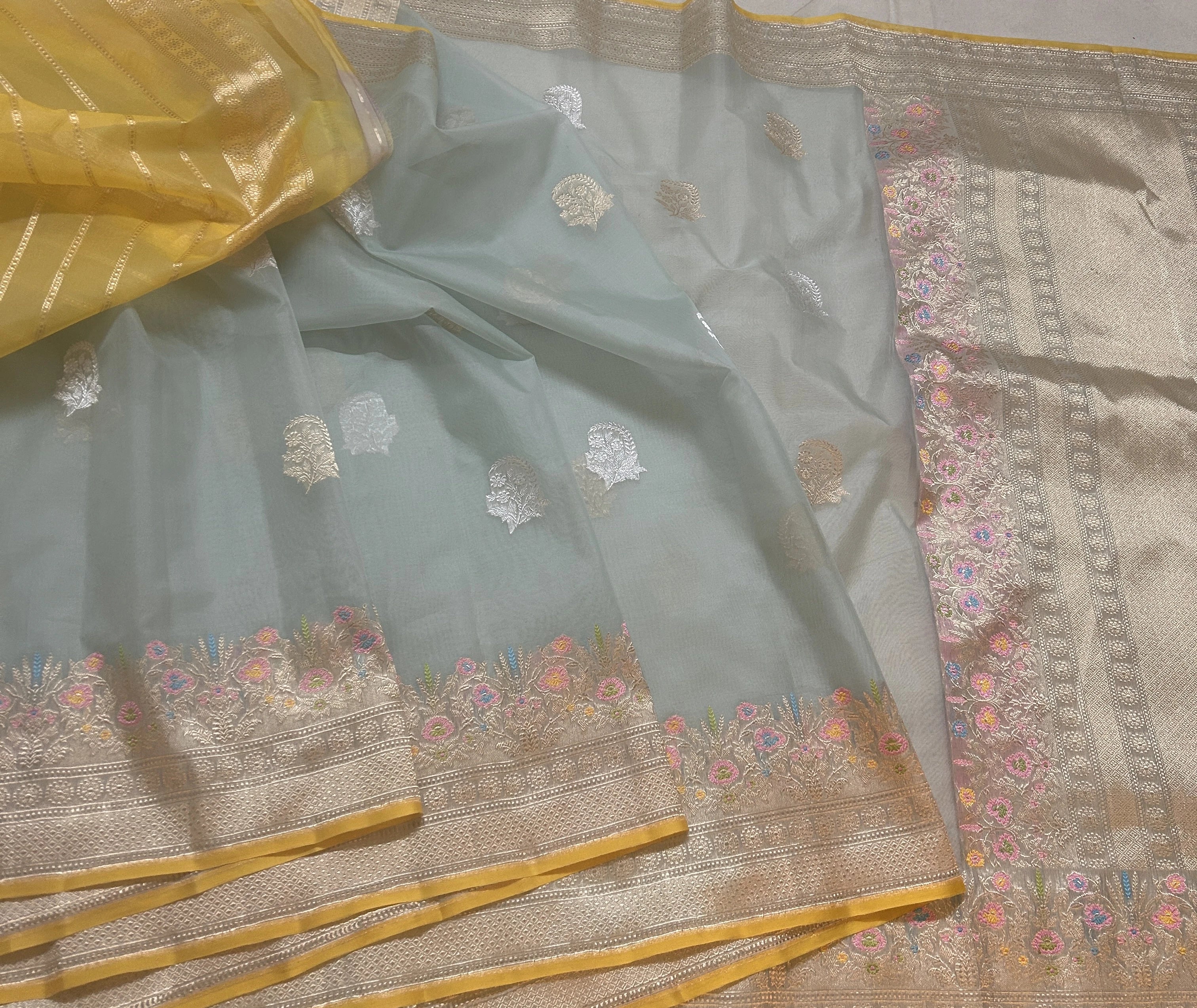 Pure Kora Silk Banarasi Saree | Ice Blue Kadhwa Floral Buta | Sona Rupa Zari & Tilfi Meenakari | KATAN BANARAS