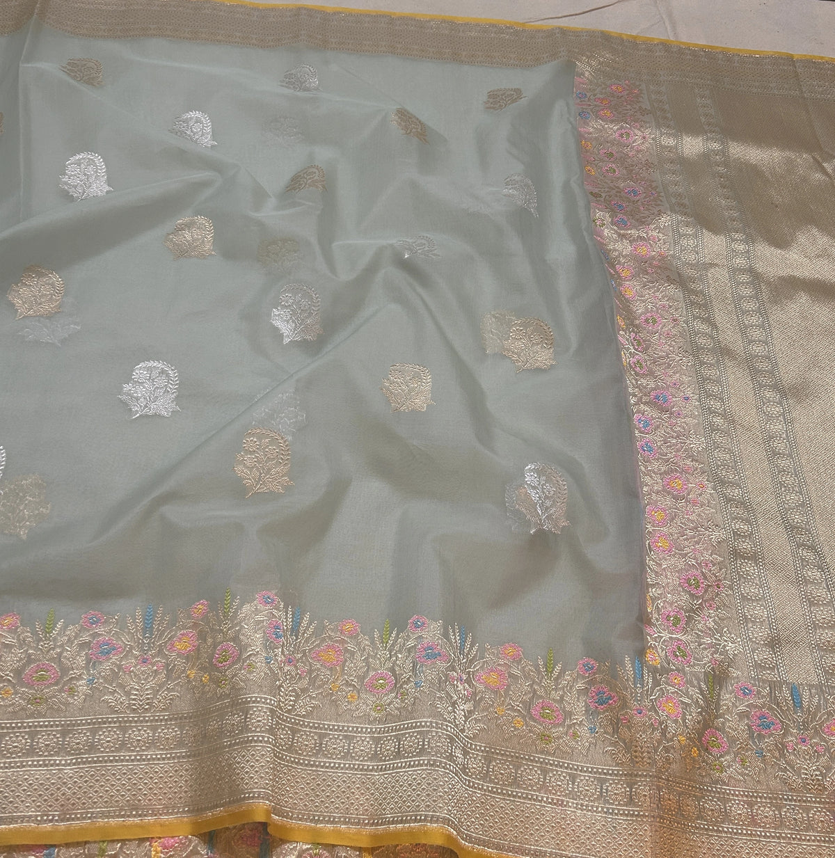 Pure Kora Silk Banarasi Saree | Ice Blue Kadhwa Floral Buta | Sona Rupa Zari & Tilfi Meenakari | KATAN BANARAS