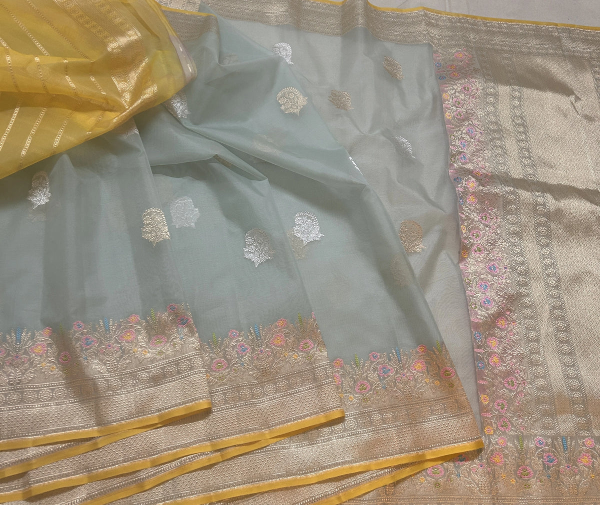 Pure Kora Silk Banarasi Saree | Ice Blue Kadhwa Floral Buta | Sona Rupa Zari & Tilfi Meenakari | KATAN BANARAS