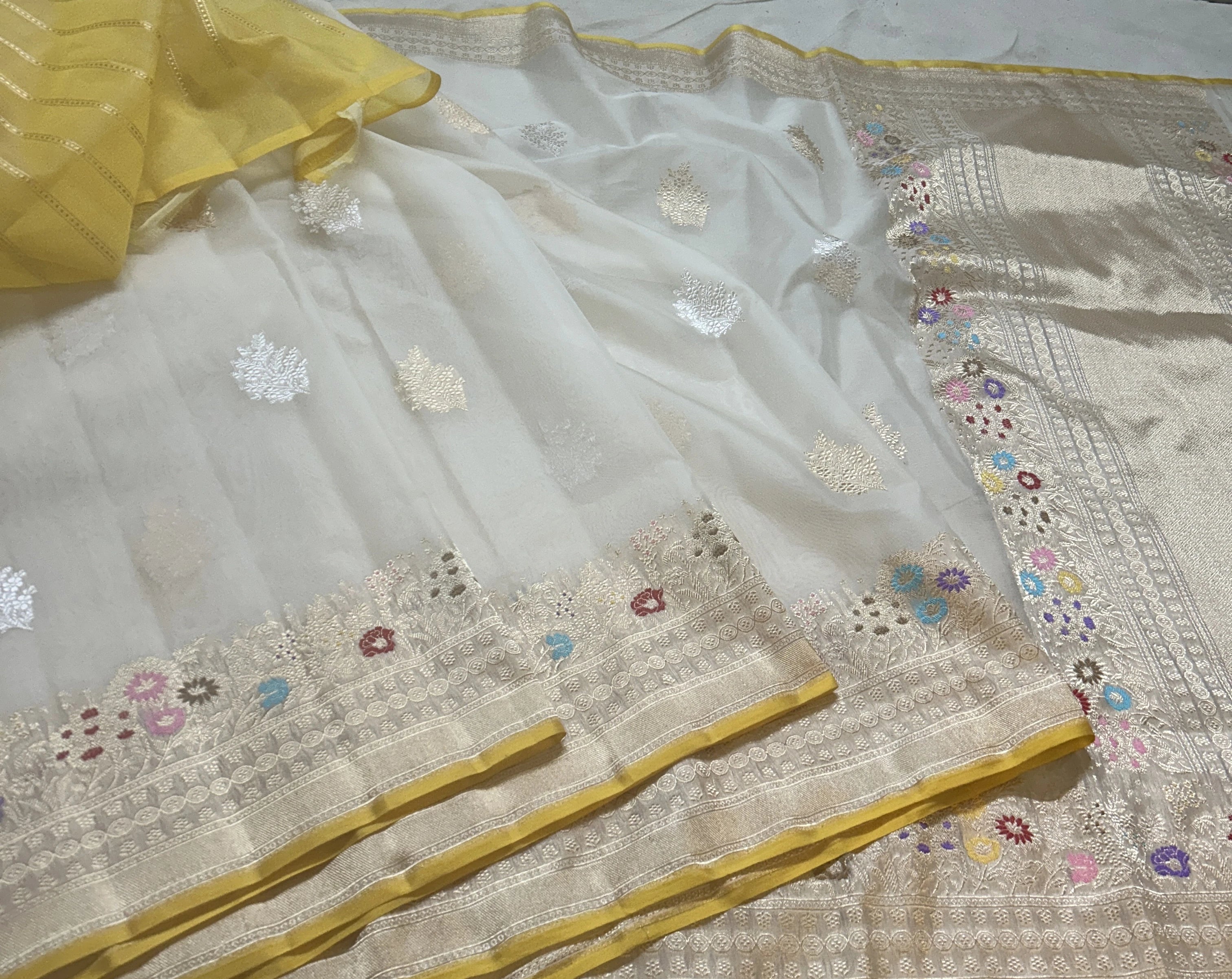 Pure Kora Silk Banarasi Saree | Ivory White Kadhwa Kairi Buta | Sona Rupa Zari & Tilfi Meenakari Floral Border | KATAN BANARAS