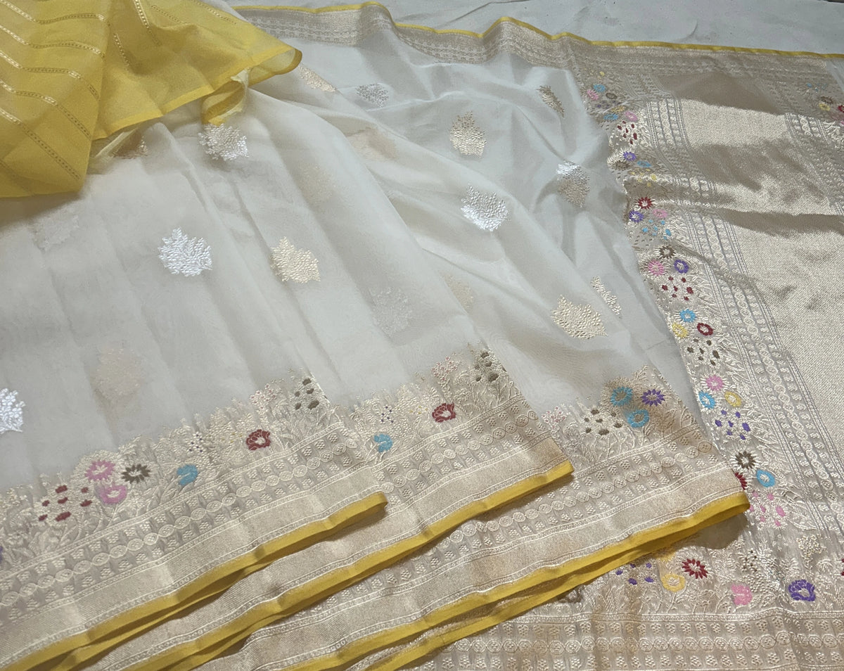 Pure Kora Silk Banarasi Saree | Ivory White Kadhwa Kairi Buta | Sona Rupa Zari & Tilfi Meenakari Floral Border | KATAN BANARAS