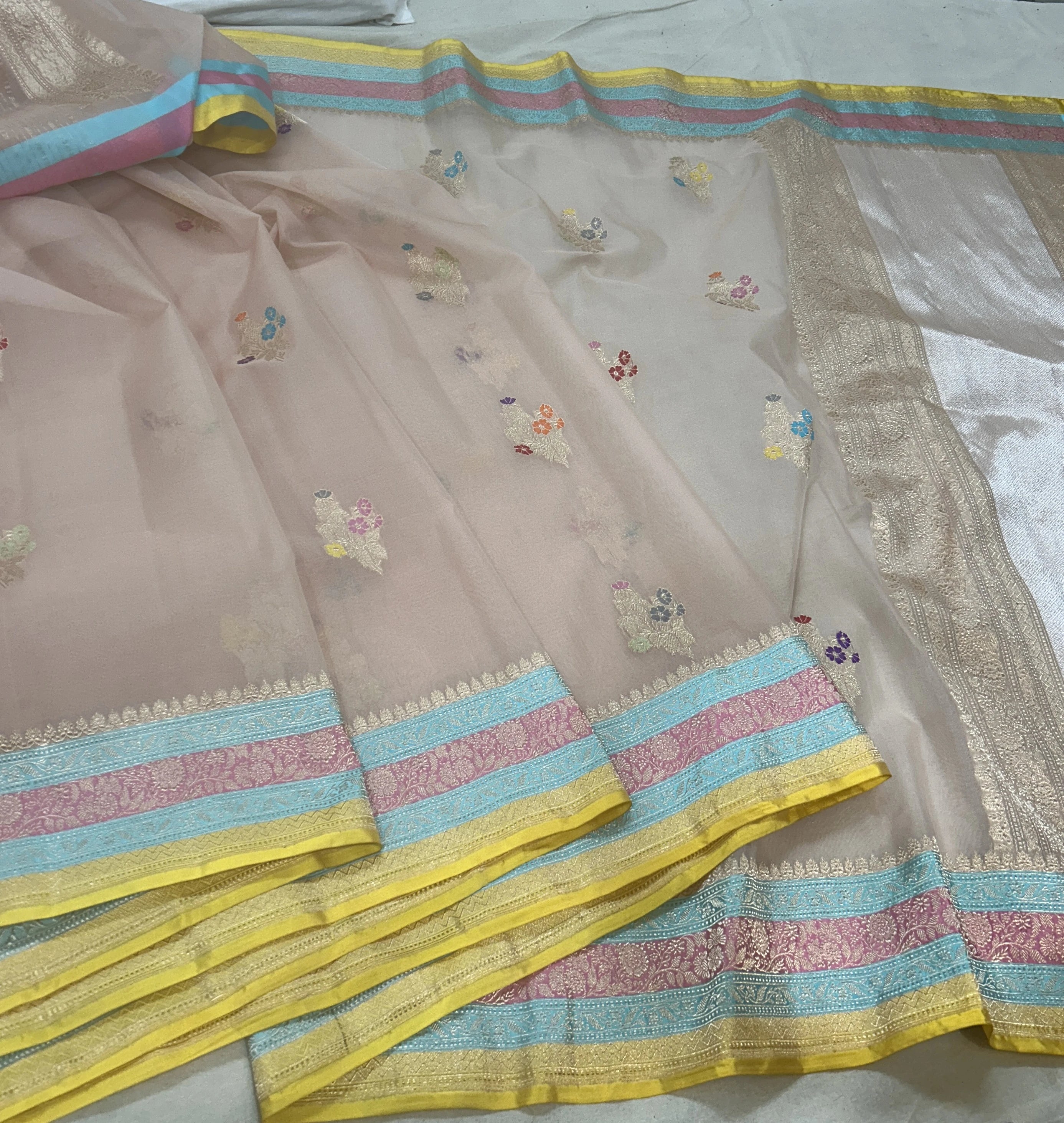 Pure Kora Silk Banarasi Saree | Nude Greige Kadhwa Multicolour Meenakari Buta | Sona Rupa Zari & Pastel Stripe Border | KATAN BANARAS