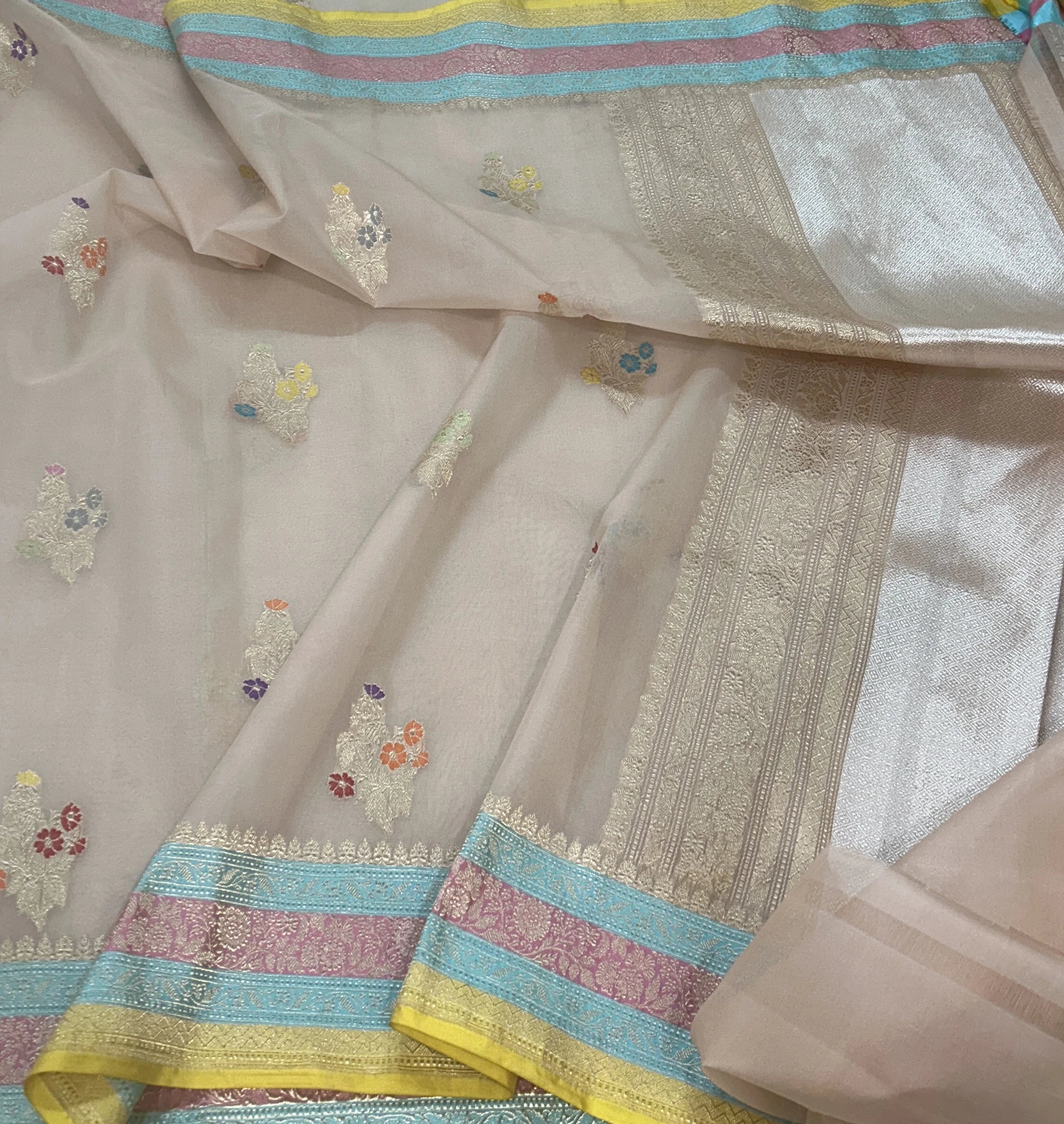 Pure Kora Silk Banarasi Saree | Nude Greige Kadhwa Multicolour Meenakari Buta | Sona Rupa Zari & Pastel Stripe Border | KATAN BANARAS