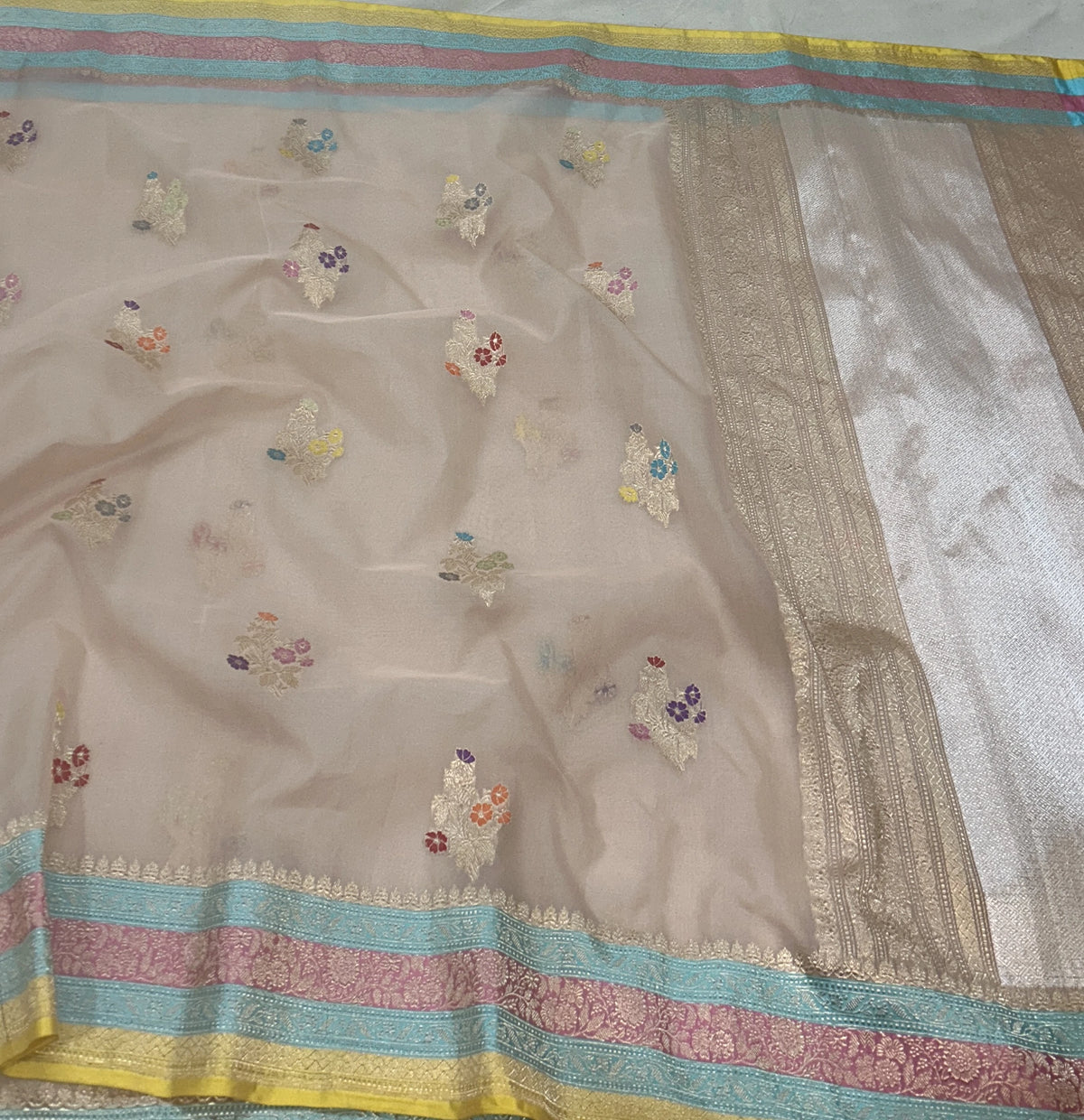Pure Kora Silk Banarasi Saree | Nude Greige Kadhwa Multicolour Meenakari Buta | Sona Rupa Zari & Pastel Stripe Border | KATAN BANARAS