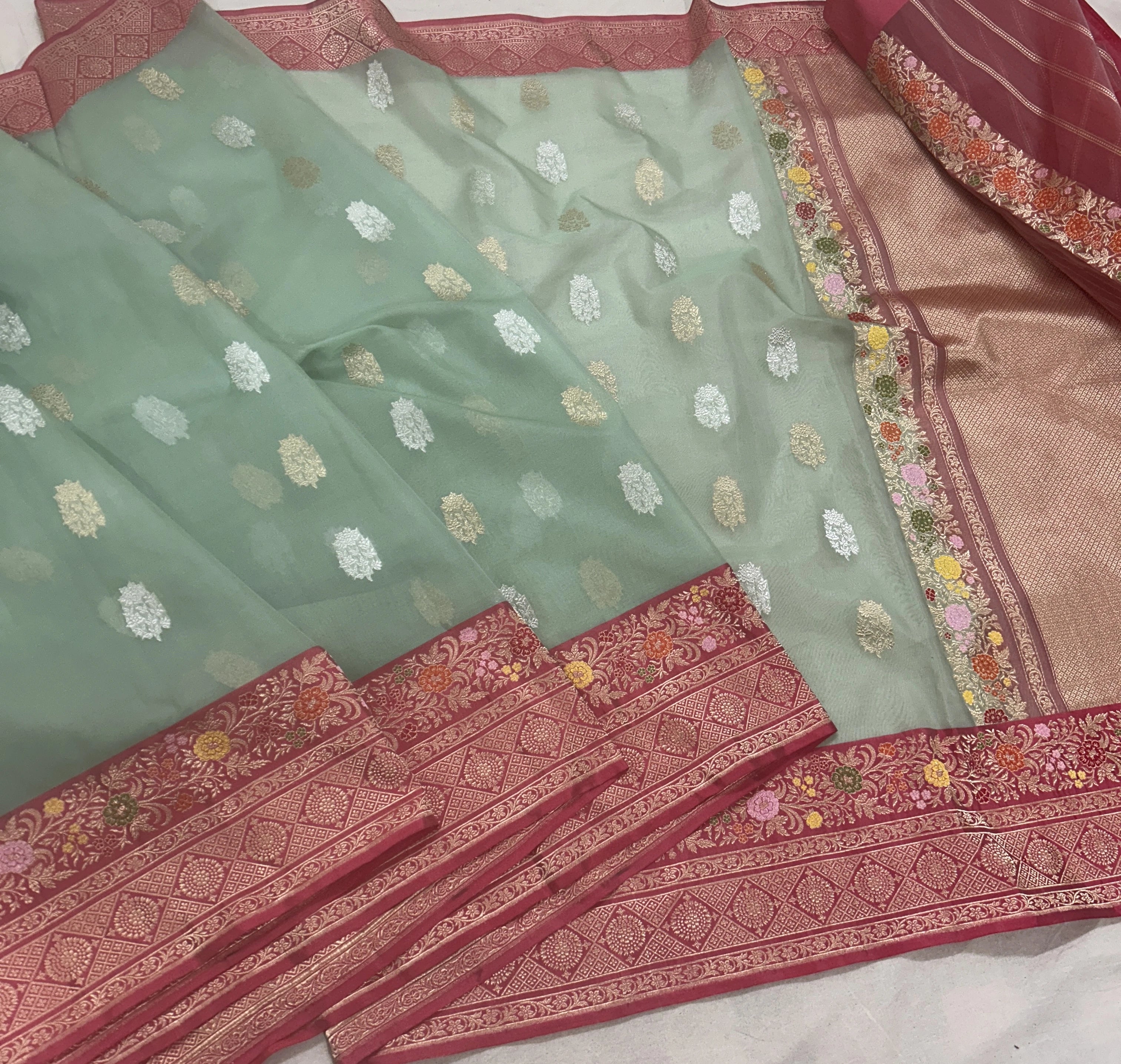 Pure Kora Silk Banarasi Saree | Sage Green Kadhwa Floral Buta | Sona Rupa Zari & Tilfi Meenakari Rose Border | KATAN BANARAS