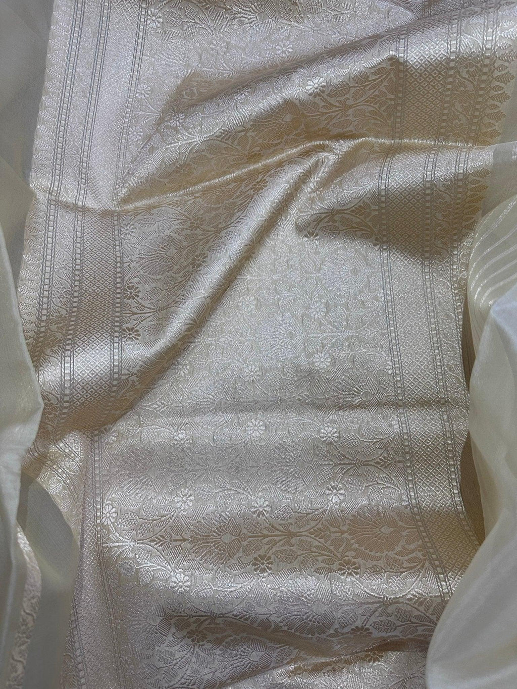 Pure Kora Silk Kadhwa Banarasi Saree - Handwoven with Sona Rupa Zari - Off White