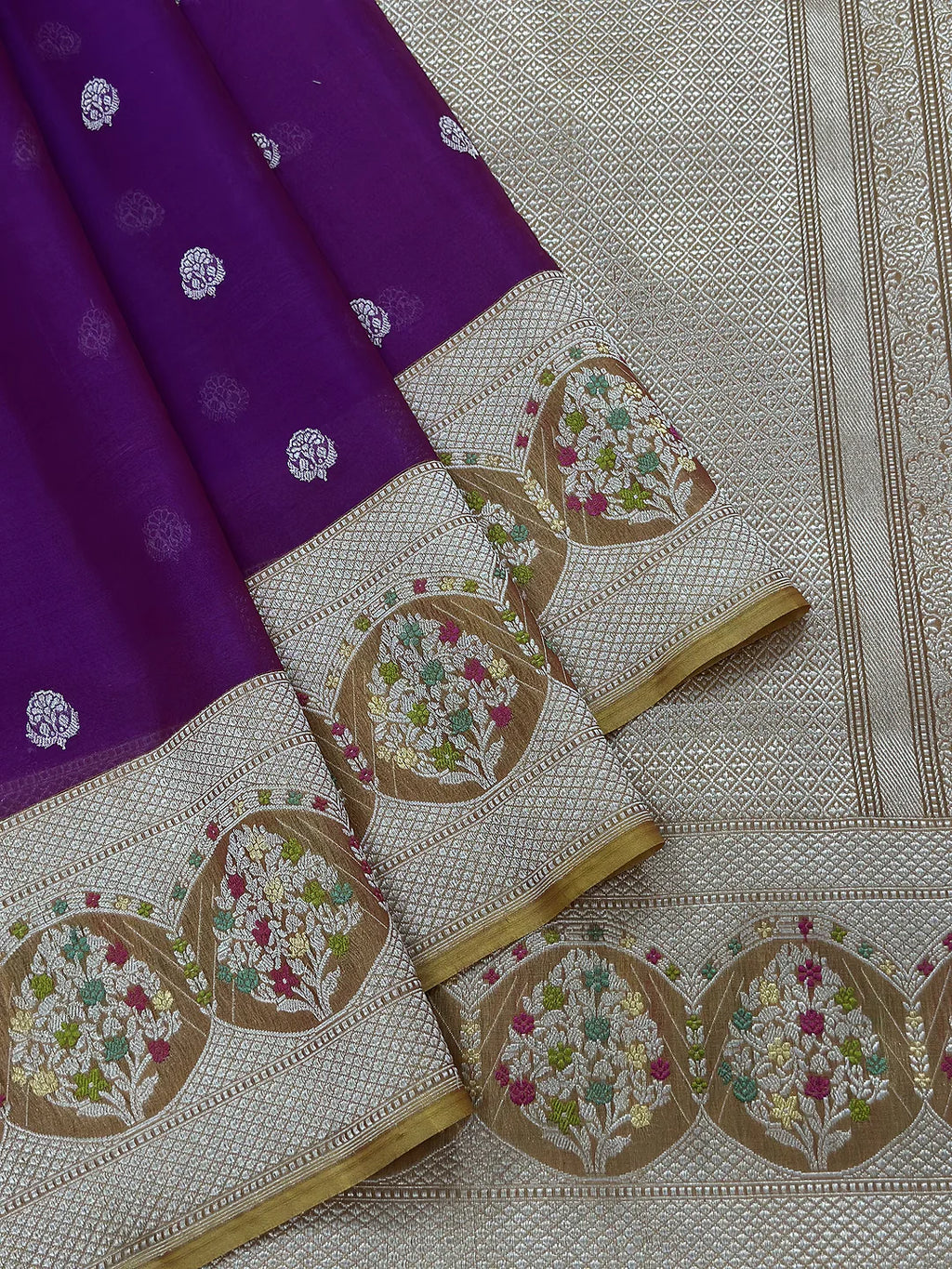 Pure Kora Silk Kadhwa Buti Handloom Banarasi Saree | Royal Purple Meenakari Border | KATAN BANARAS