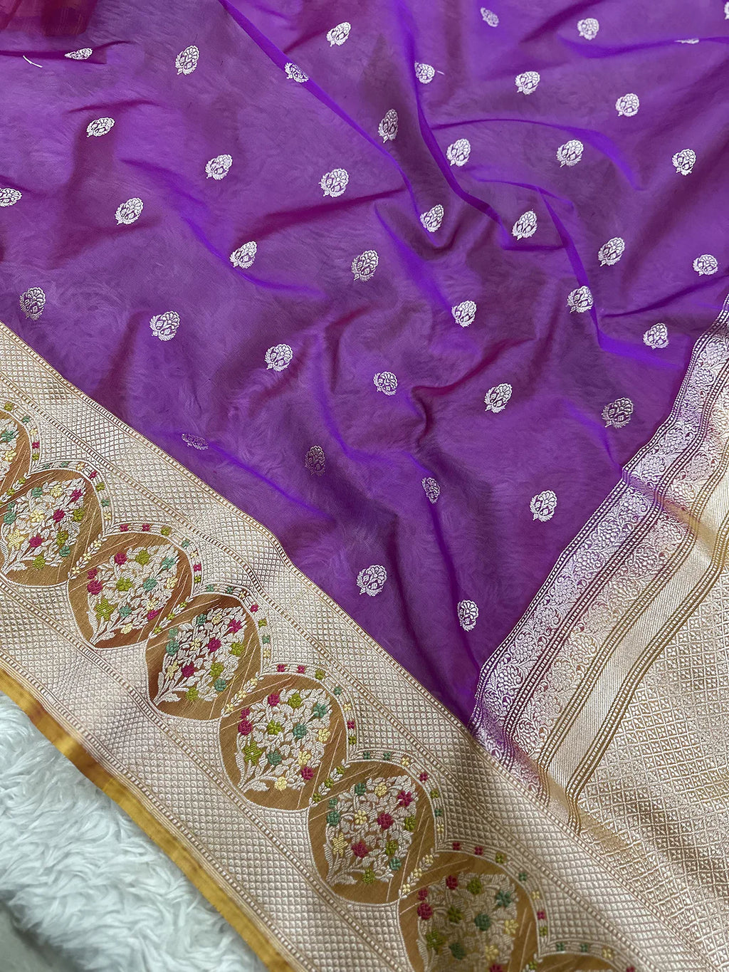 Pure Kora Silk Kadhwa Buti Handloom Banarasi Saree | Royal Purple Meenakari Border | KATAN BANARAS