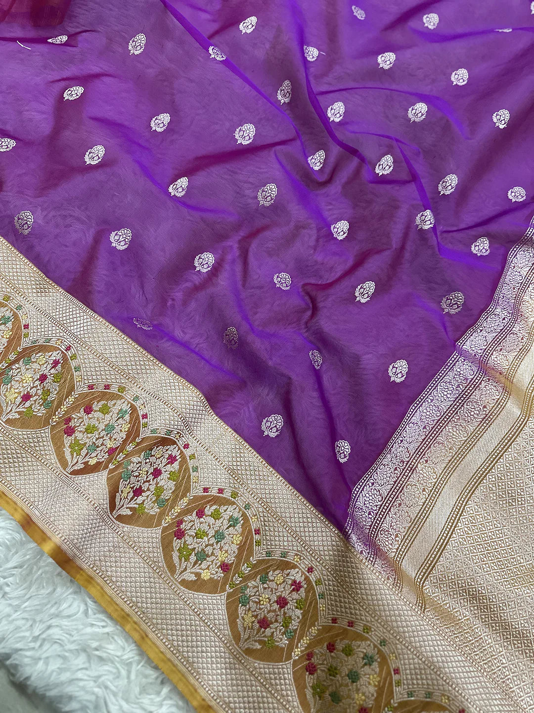 Pure Kora Silk Kadhwa Buti Handloom Banarasi Saree | Royal Purple Meenakari Border | KATAN BANARAS