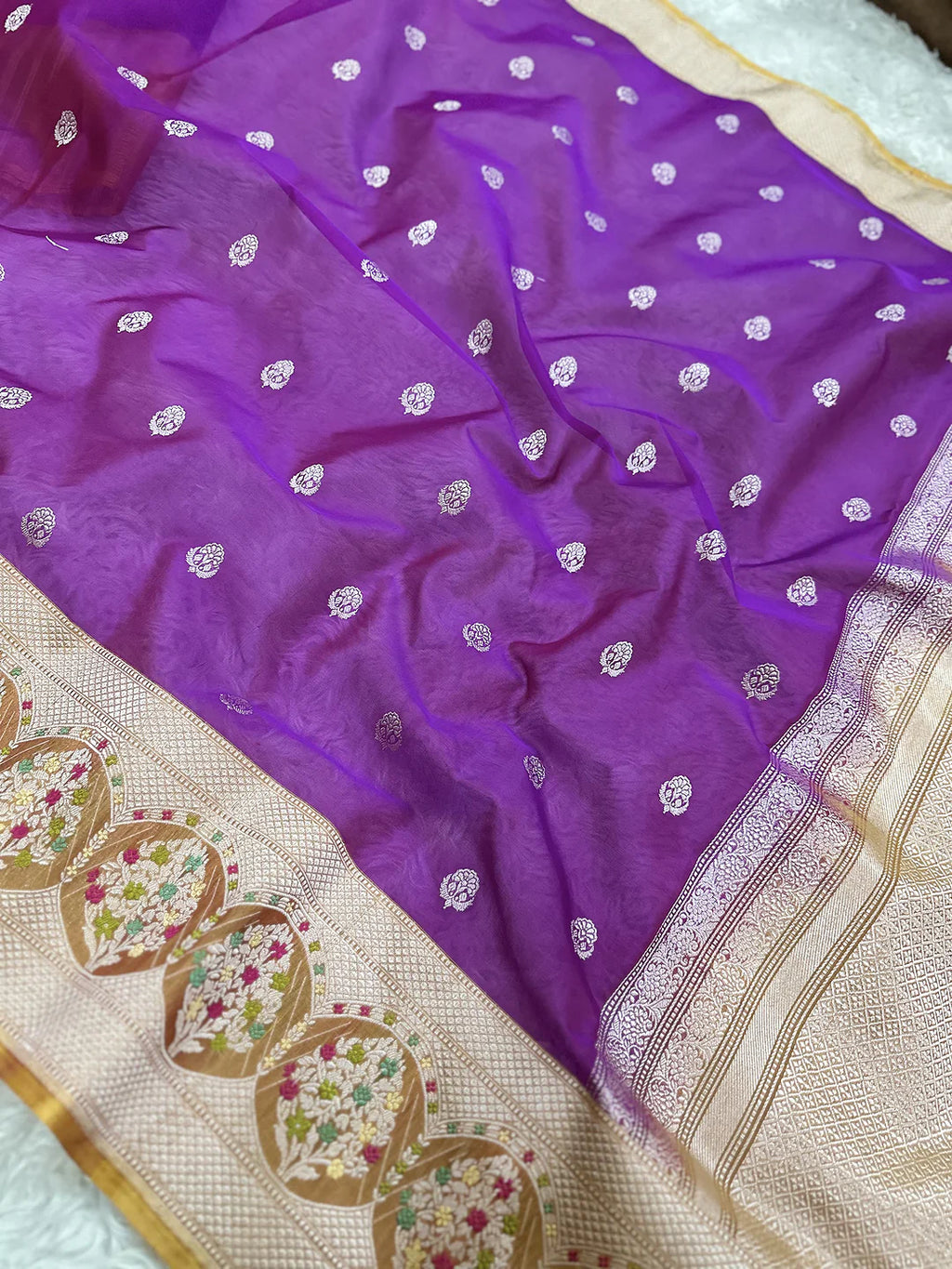Pure Kora Silk Kadhwa Buti Handloom Banarasi Saree | Royal Purple Meenakari Border | KATAN BANARAS
