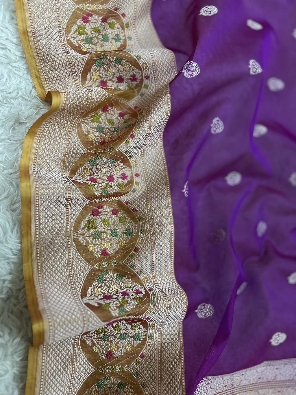 Pure Kora Silk Kadhwa Buti Handloom Banarasi Saree | Royal Purple Meenakari Border | KATAN BANARAS