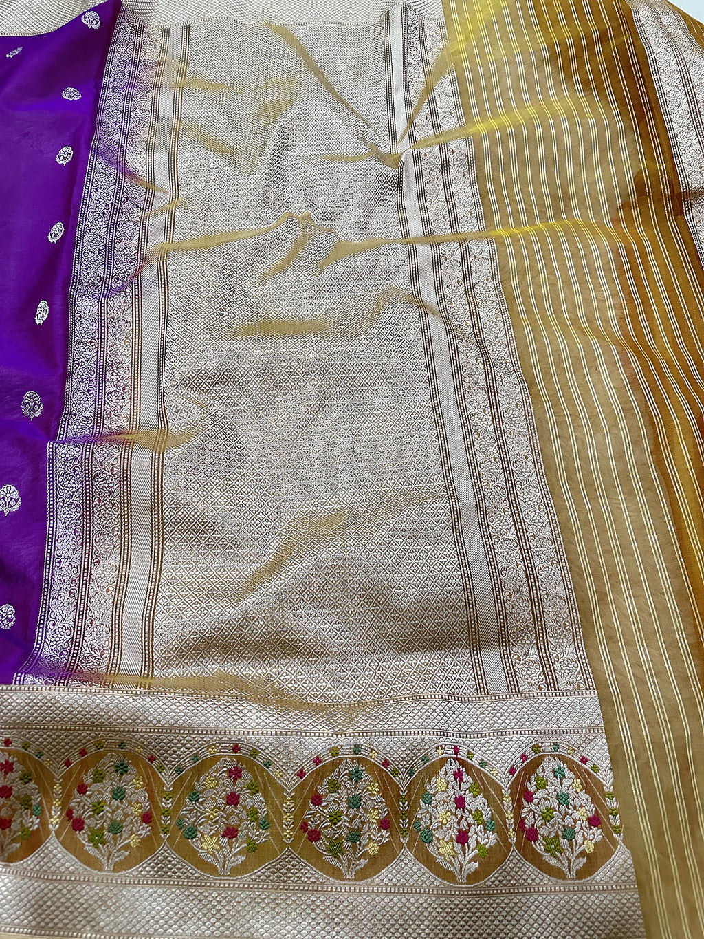 Pure Kora Silk Kadhwa Buti Handloom Banarasi Saree | Royal Purple Meenakari Border | KATAN BANARAS