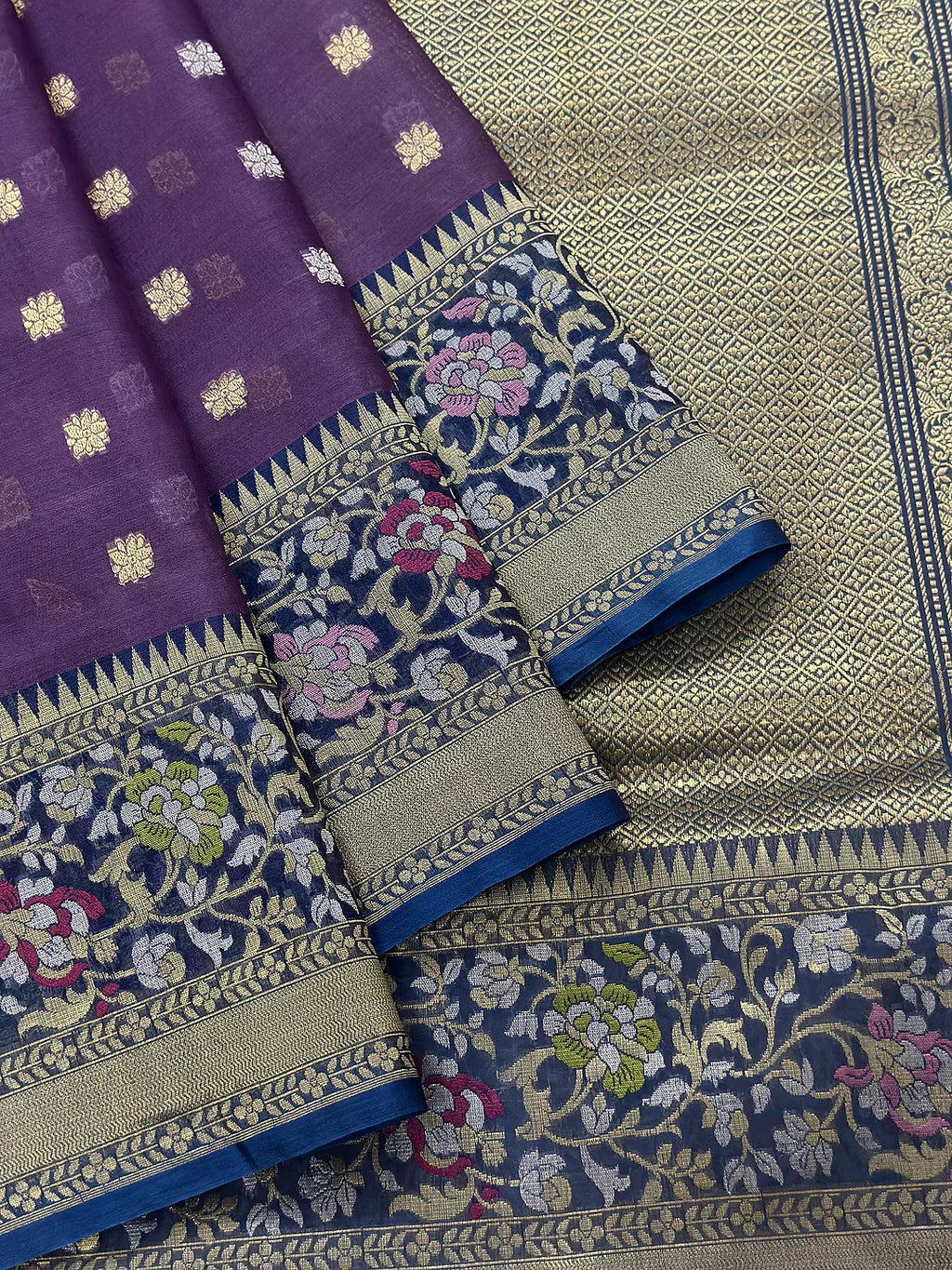 Pure Kora Silk Kadhwa Buti Sona Rupa Zari Handloom Banarasi Saree | Lavender with Navy Meenakari Border | KATAN BANARAS
