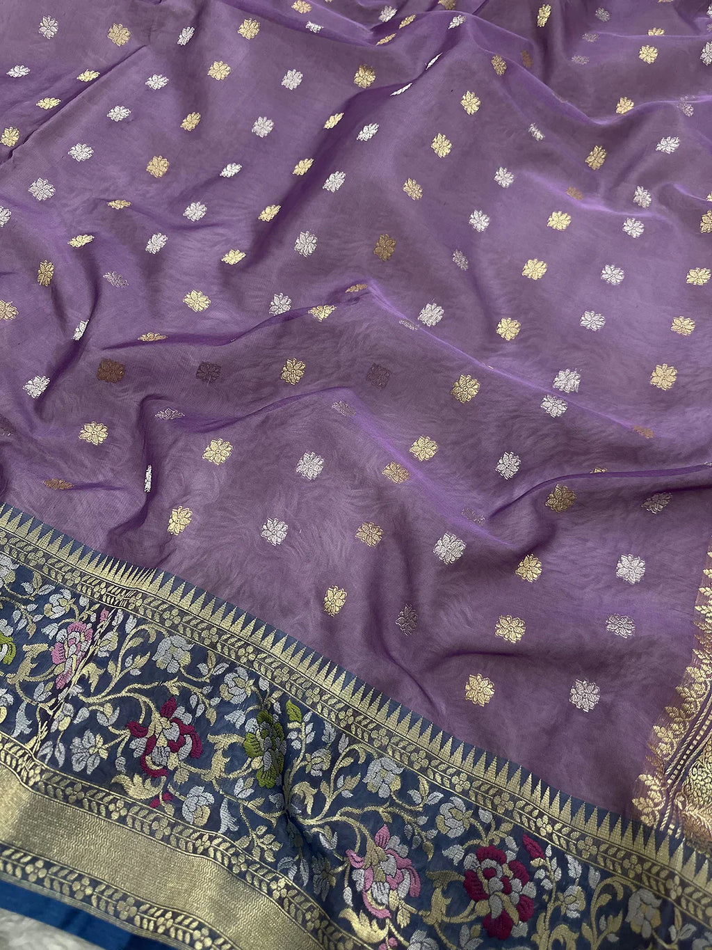Pure Kora Silk Kadhwa Buti Sona Rupa Zari Handloom Banarasi Saree | Lavender with Navy Meenakari Border | KATAN BANARAS