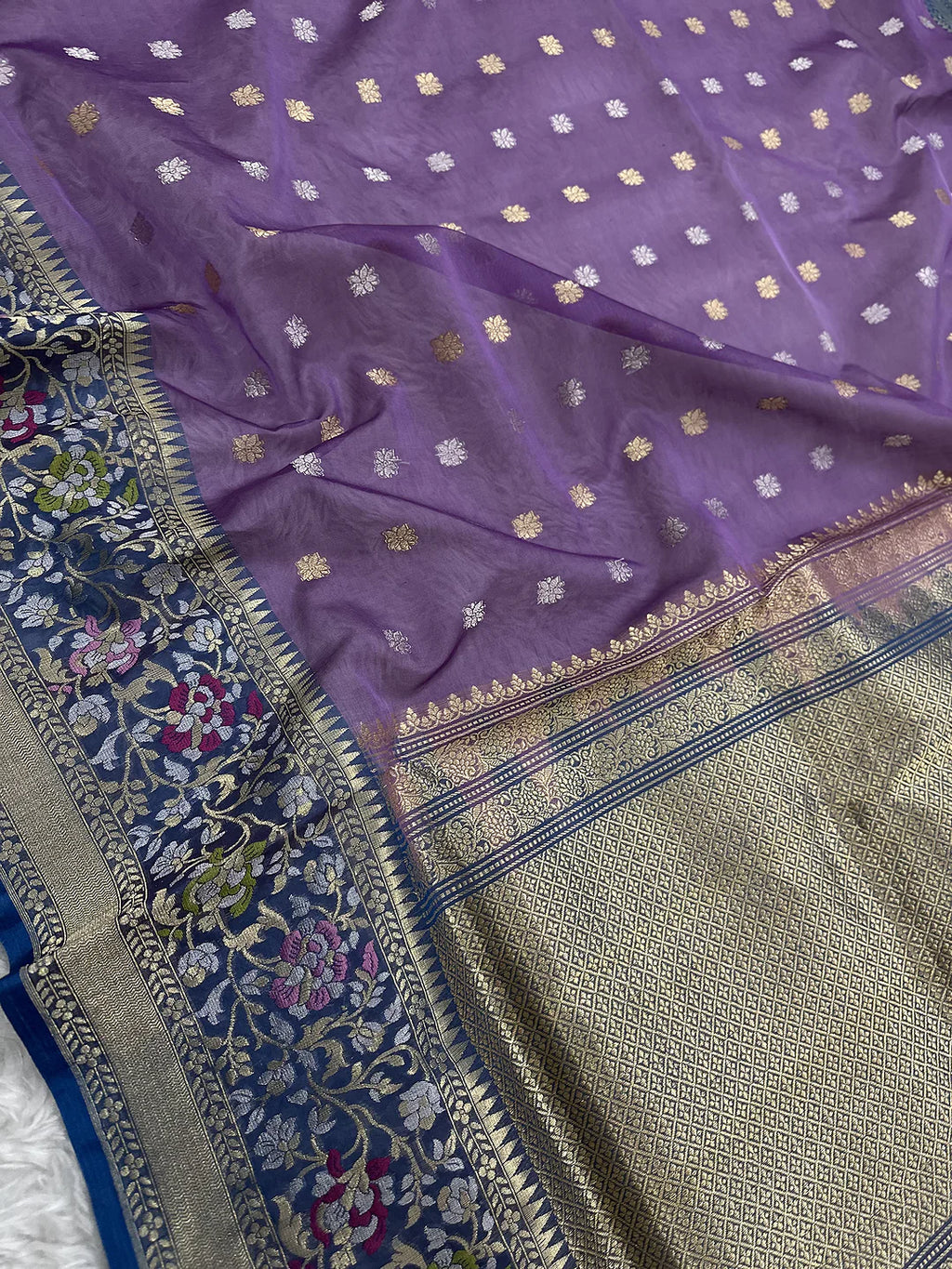 Pure Kora Silk Kadhwa Buti Sona Rupa Zari Handloom Banarasi Saree | Lavender with Navy Meenakari Border | KATAN BANARAS
