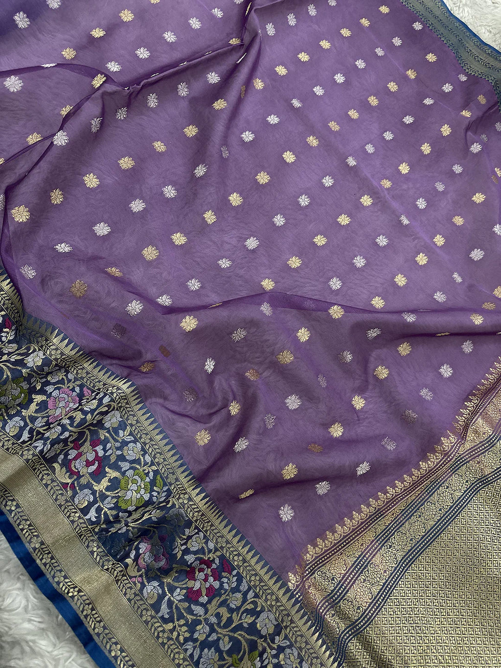 Pure Kora Silk Kadhwa Buti Sona Rupa Zari Handloom Banarasi Saree | Lavender with Navy Meenakari Border | KATAN BANARAS