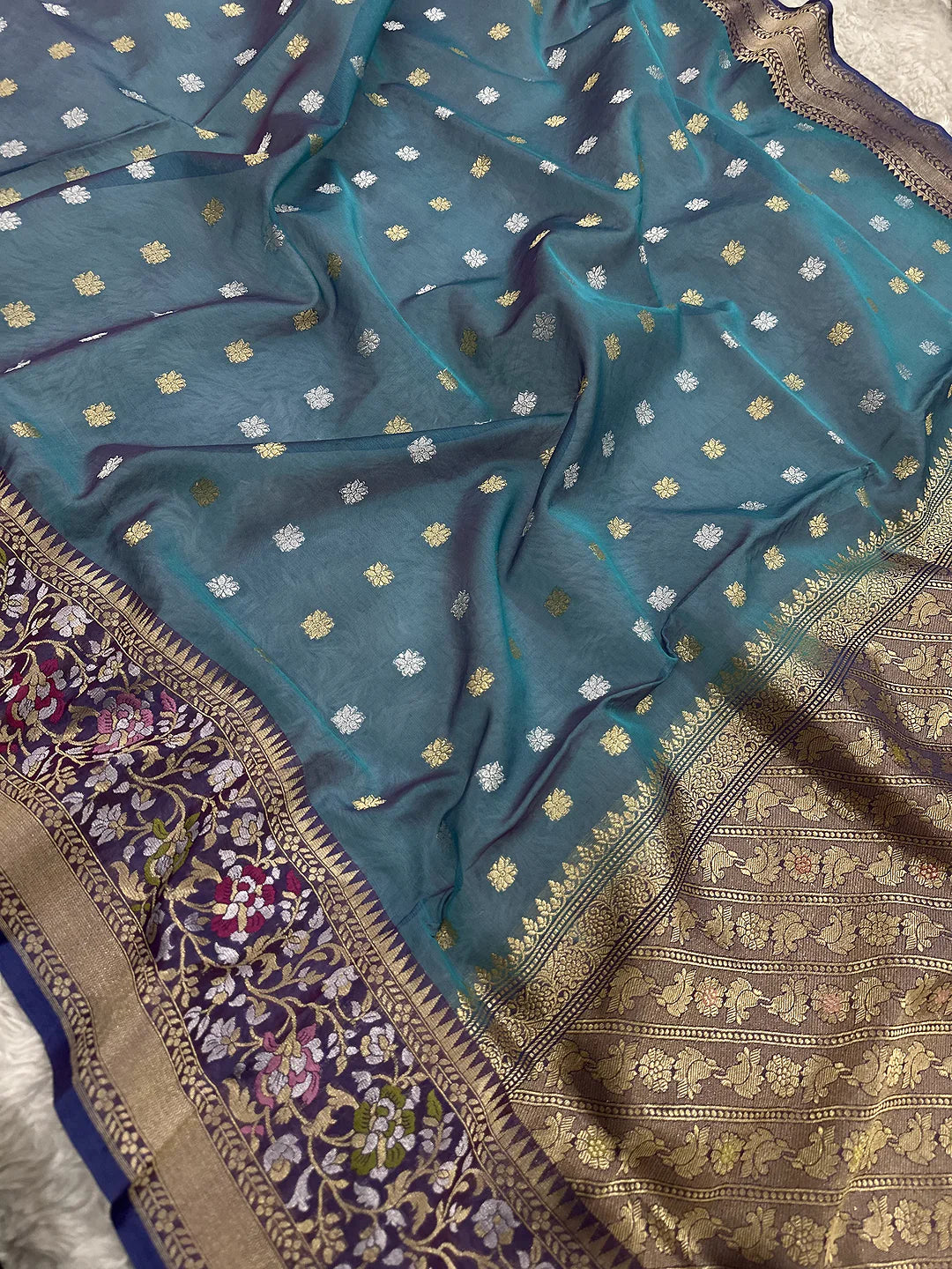 Pure Kora Silk Kadhwa Buti Sona Rupa Zari Handloom Banarasi Saree | Teal Peacock Blue with Purple Meenakari Border | KATAN BANARAS