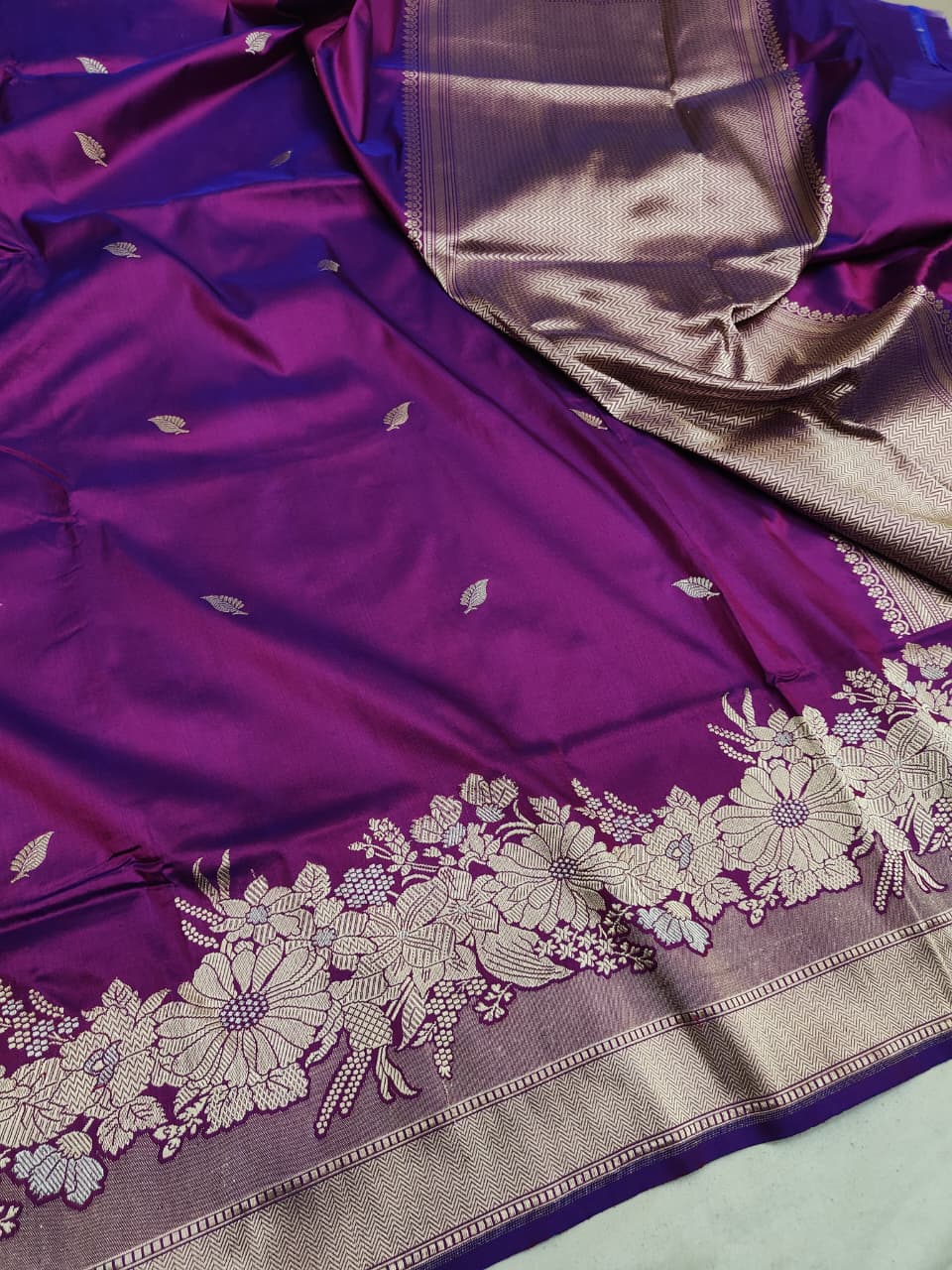 Pure Katan Silk Kadhwa Buta Handloom Banarasi Saree | Purple