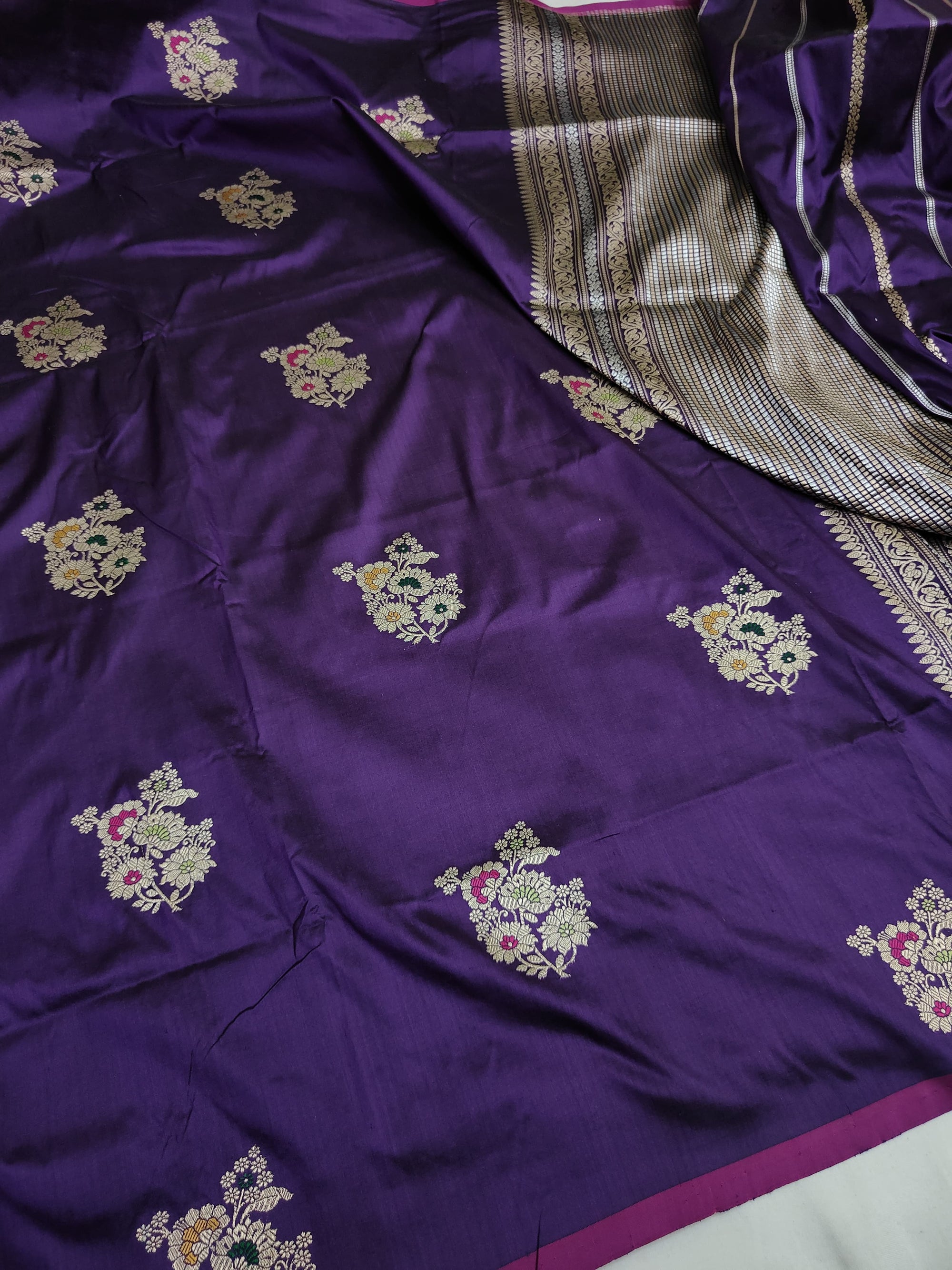 Katan Silk Kadhwa Buta Banarasi Saree | Sona Rupa Zari & Tilfi Minakari | Purple