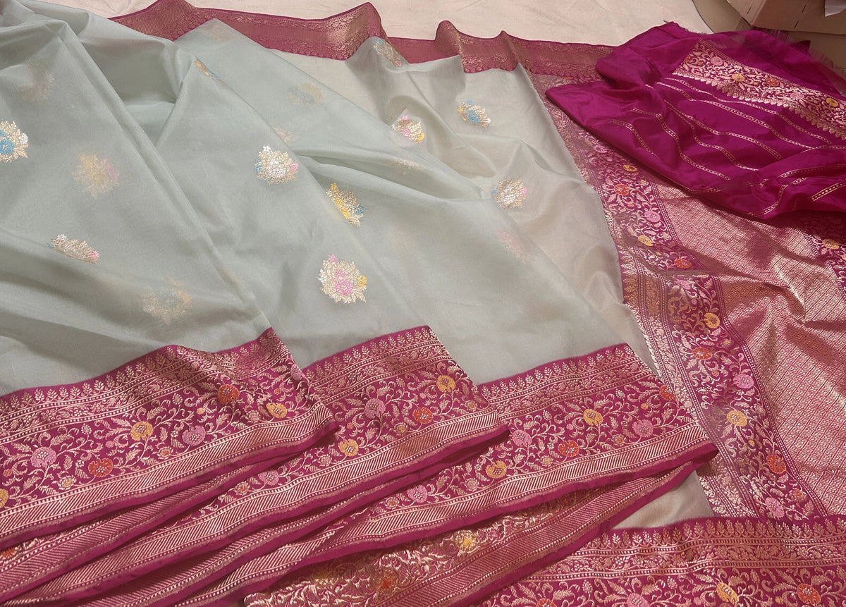 Rani Pink Floral Buta Pure Kora Silk Banarasi Saree