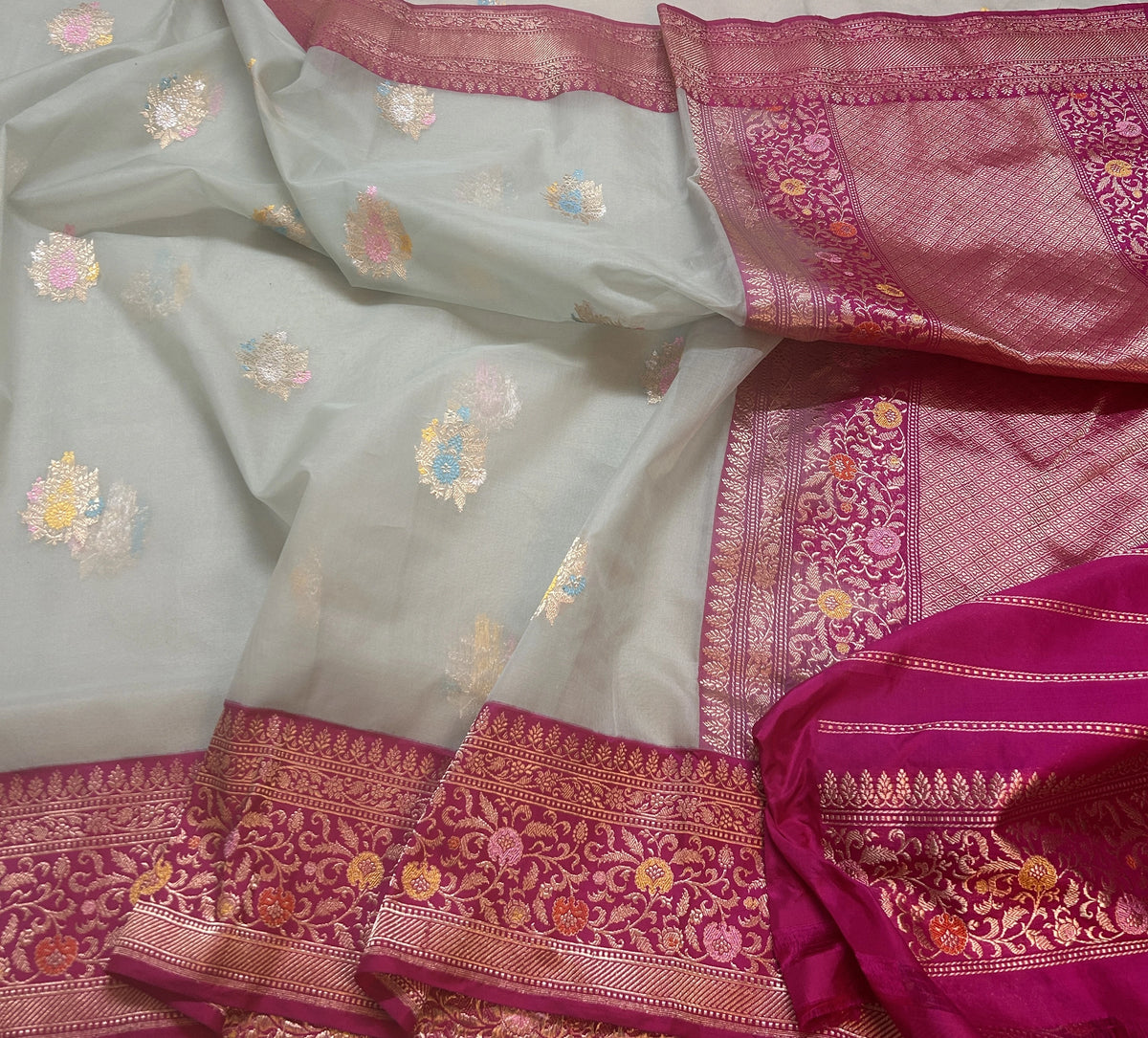 Rani Pink Floral Buta Pure Kora Silk Banarasi Saree